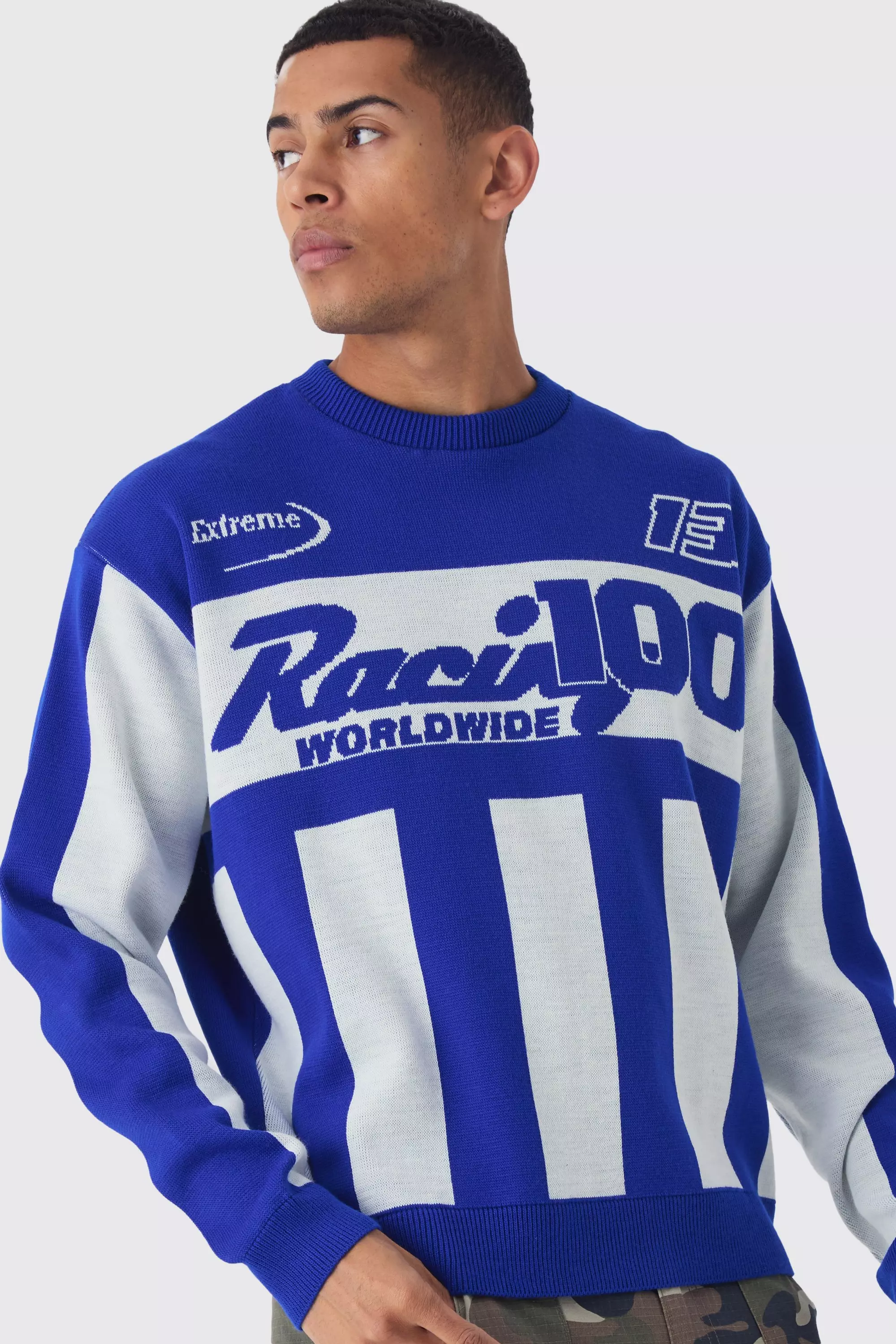 Pull oversize rayé en maille moto, Cobalt autre image