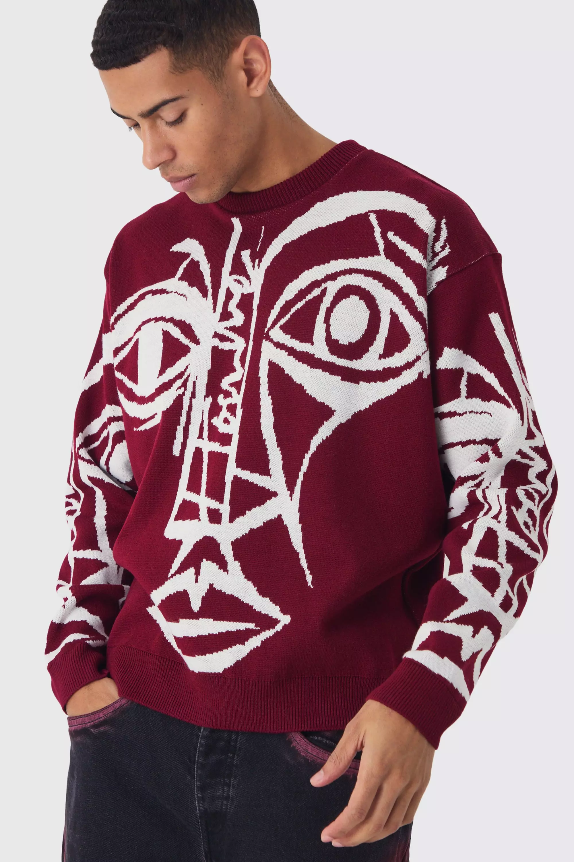 Oversized Boxy Abstract Line Face Knitted Sweater Burgundy