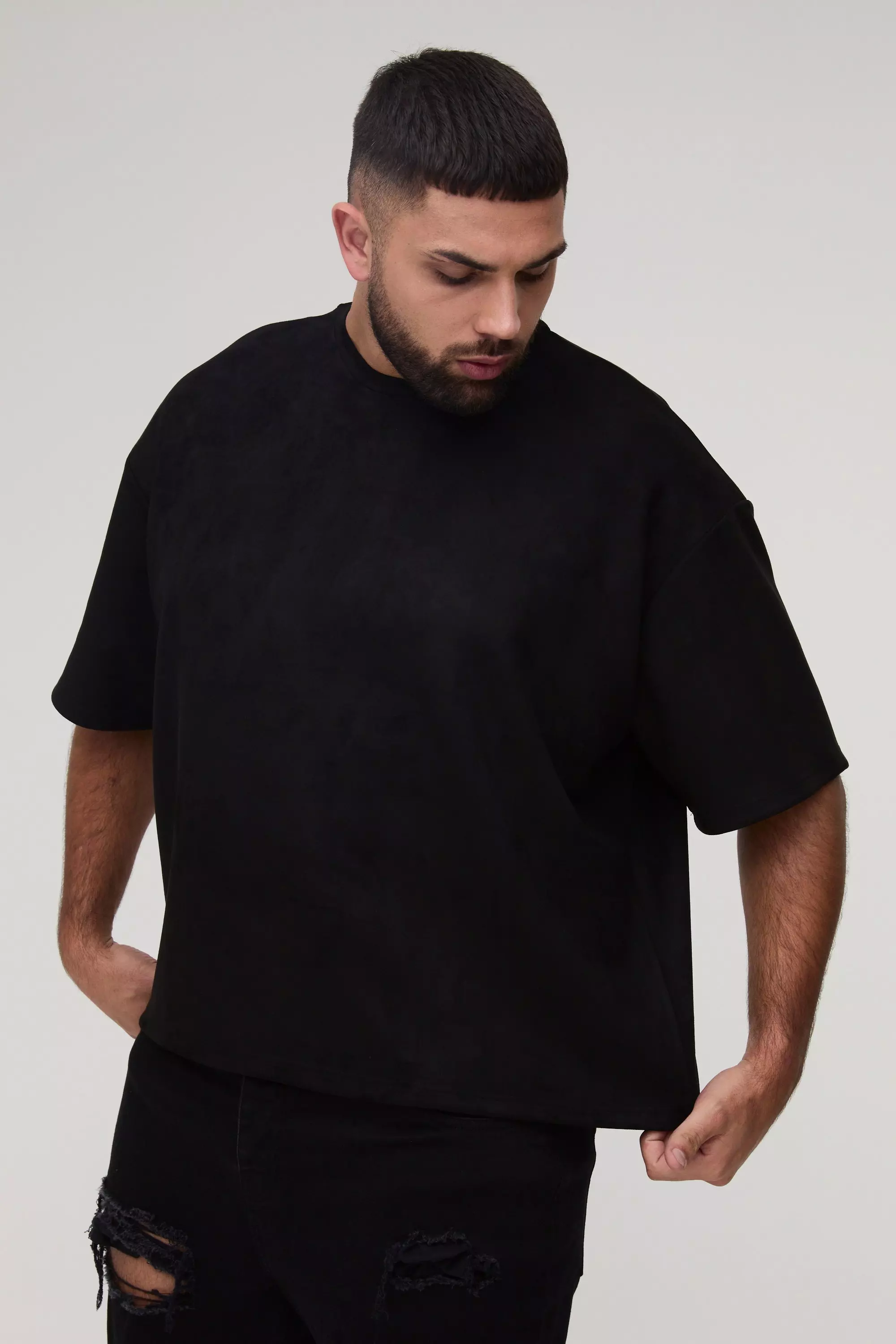 Black Plus Oversized Faux Suede T-Shirt