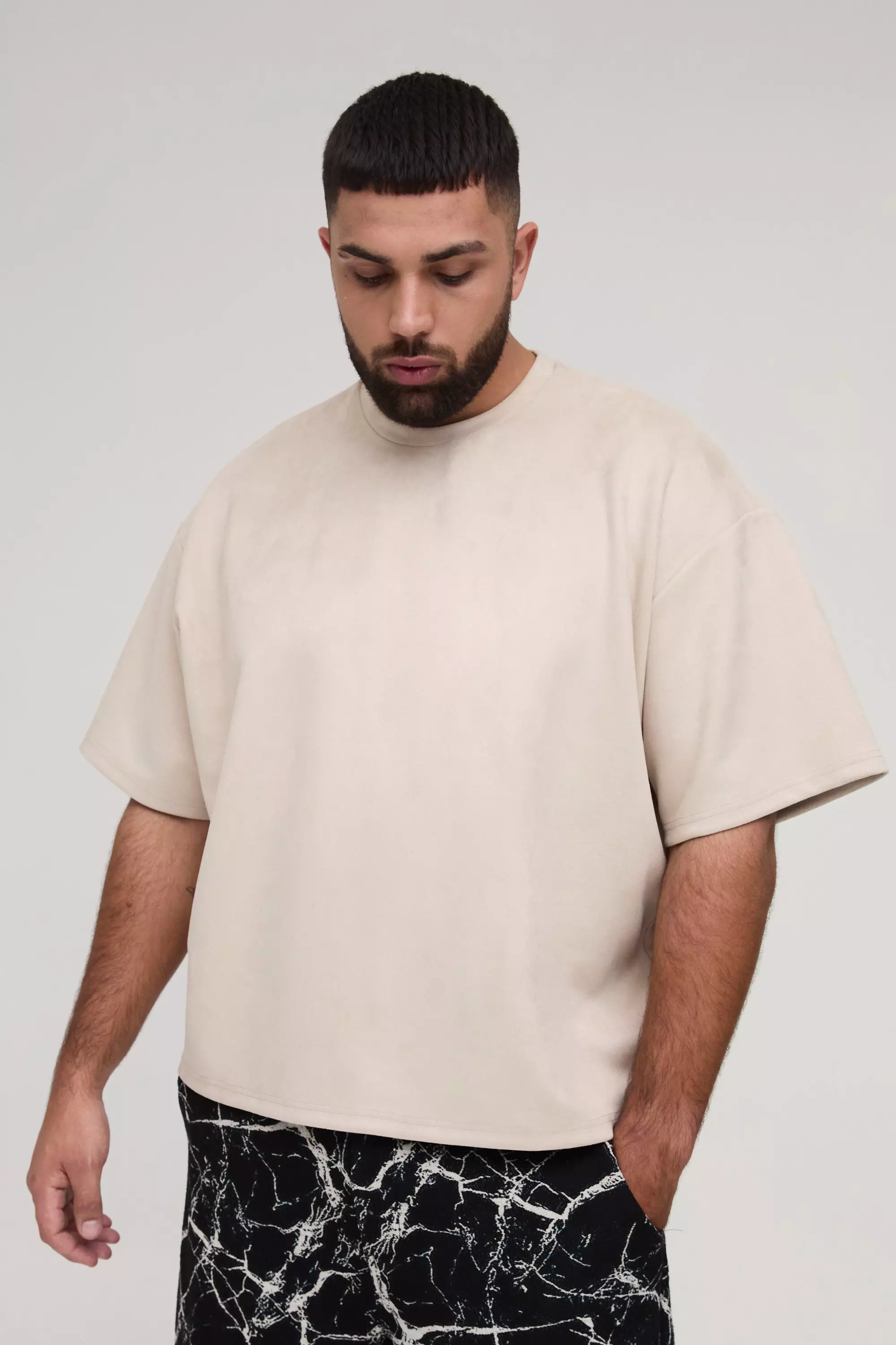 Sand Beige Plus Oversized Faux Suede T-Shirt