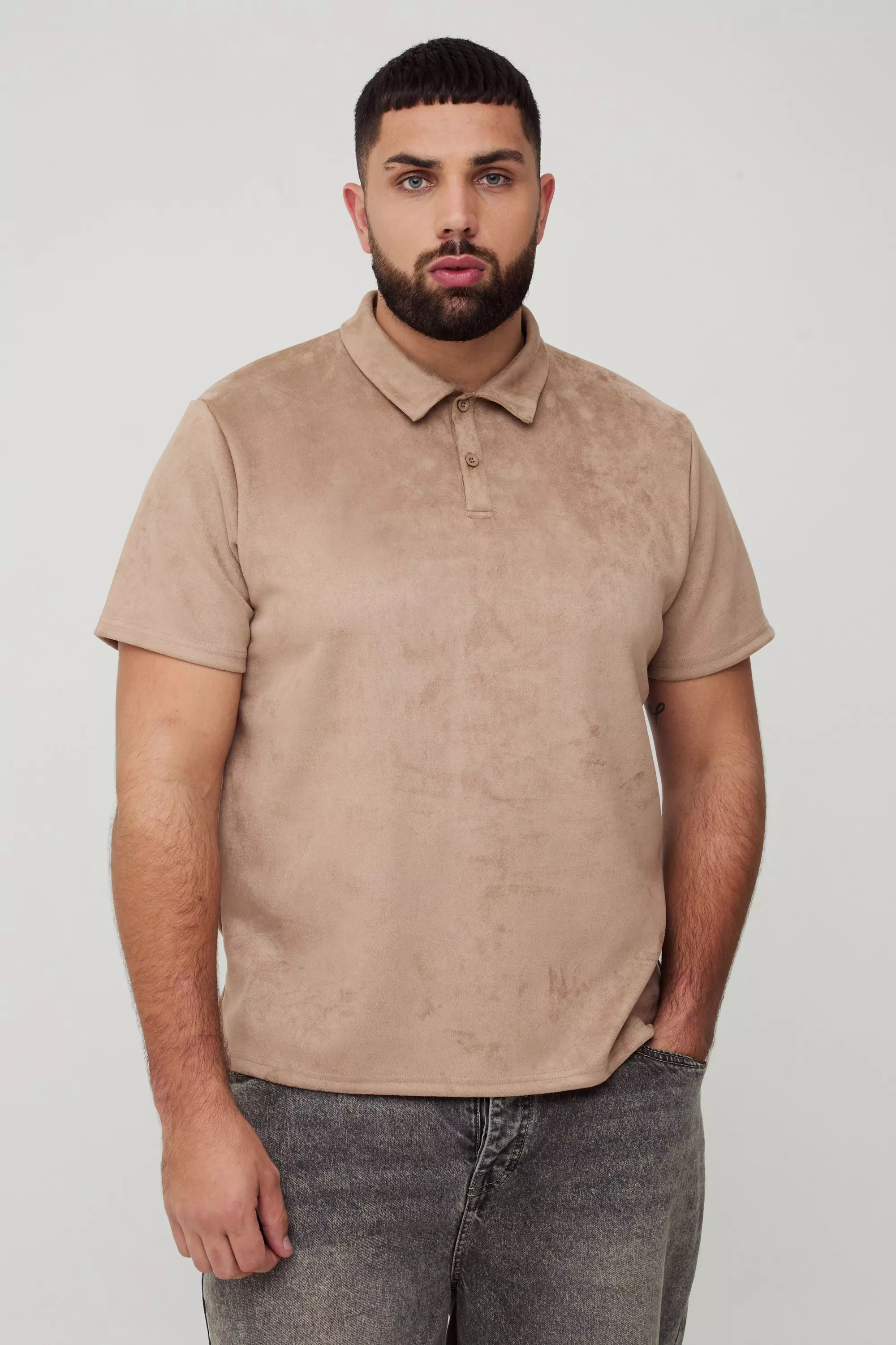 Plus Slim-Fit Wildleder Poloshirt, Taupe alternatives Bild
