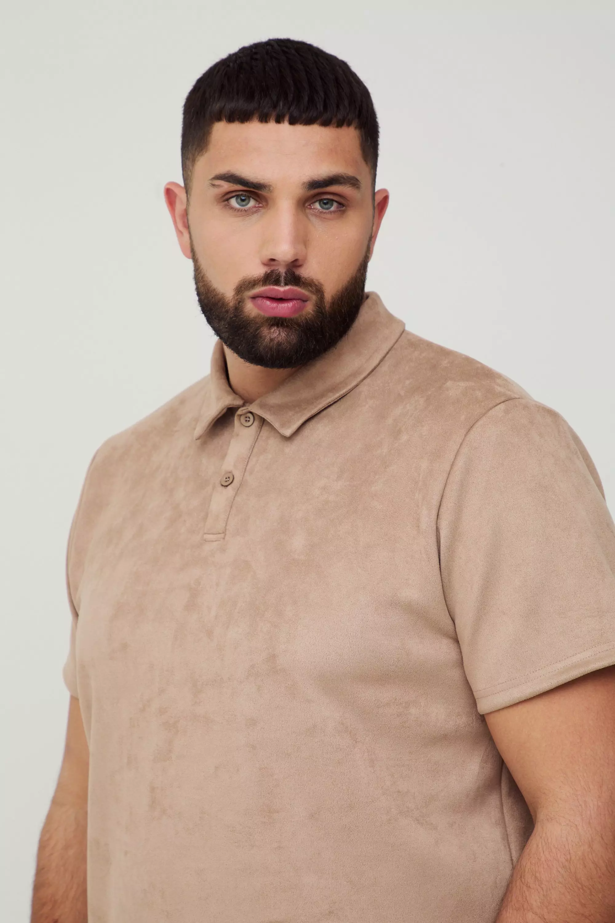 Plus Slim-Fit Wildleder Poloshirt, Taupe alternatives Bild