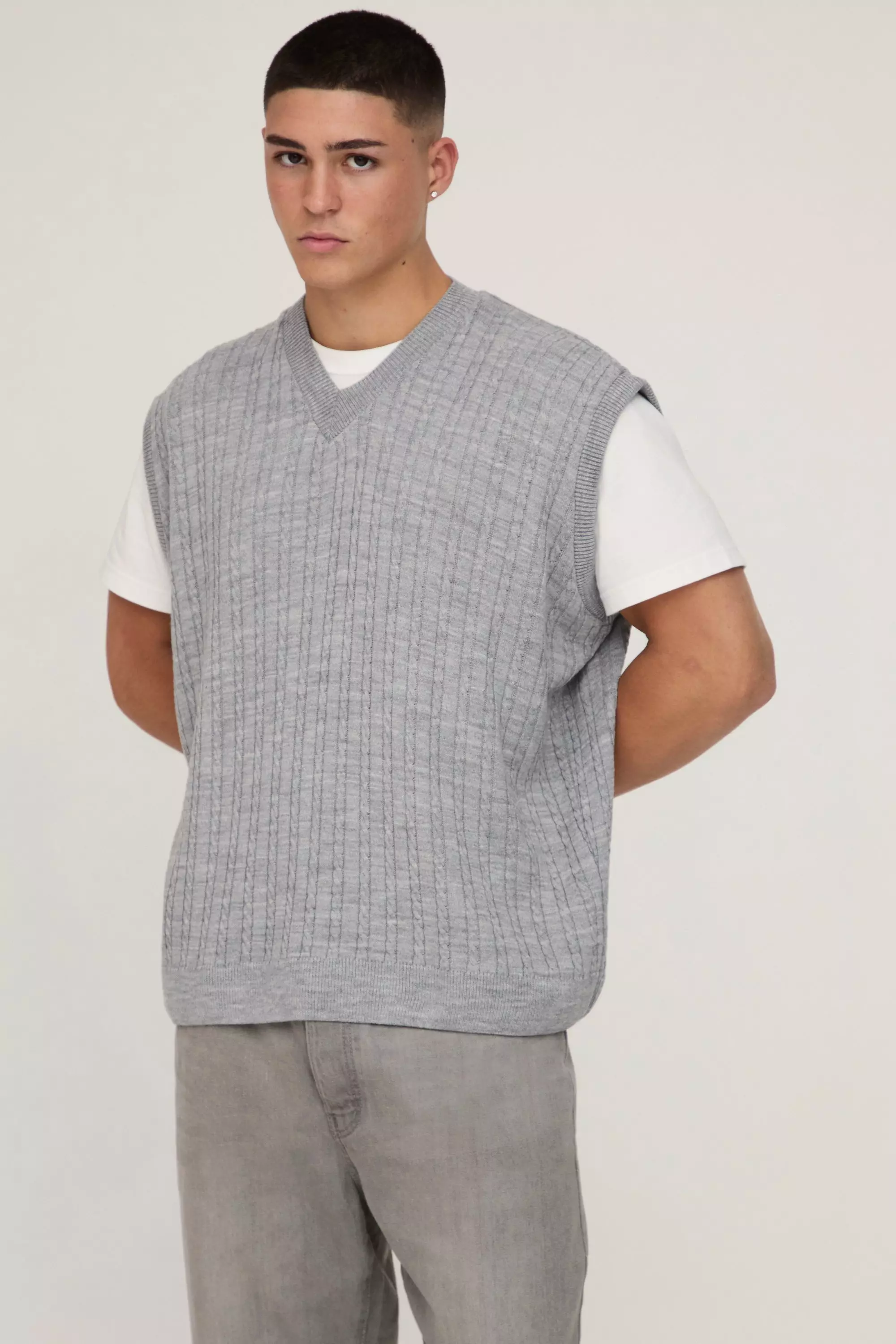 Light grey Oversized V Neck Cable Knitted Undershirt alternative image