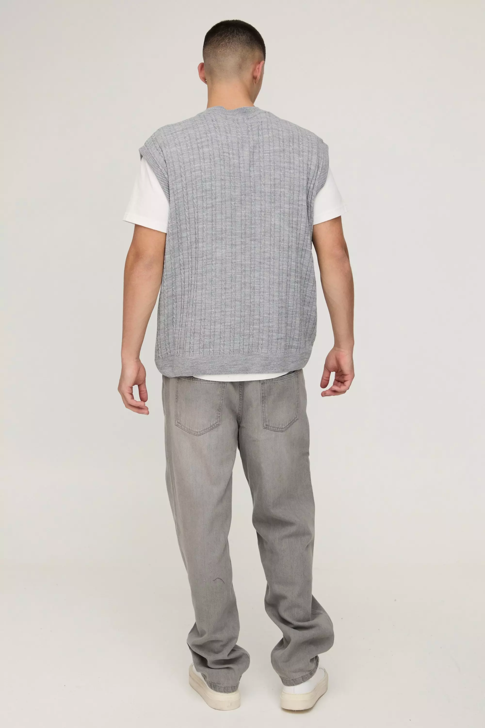 Light grey Oversized V Neck Cable Knitted Undershirt alternative image