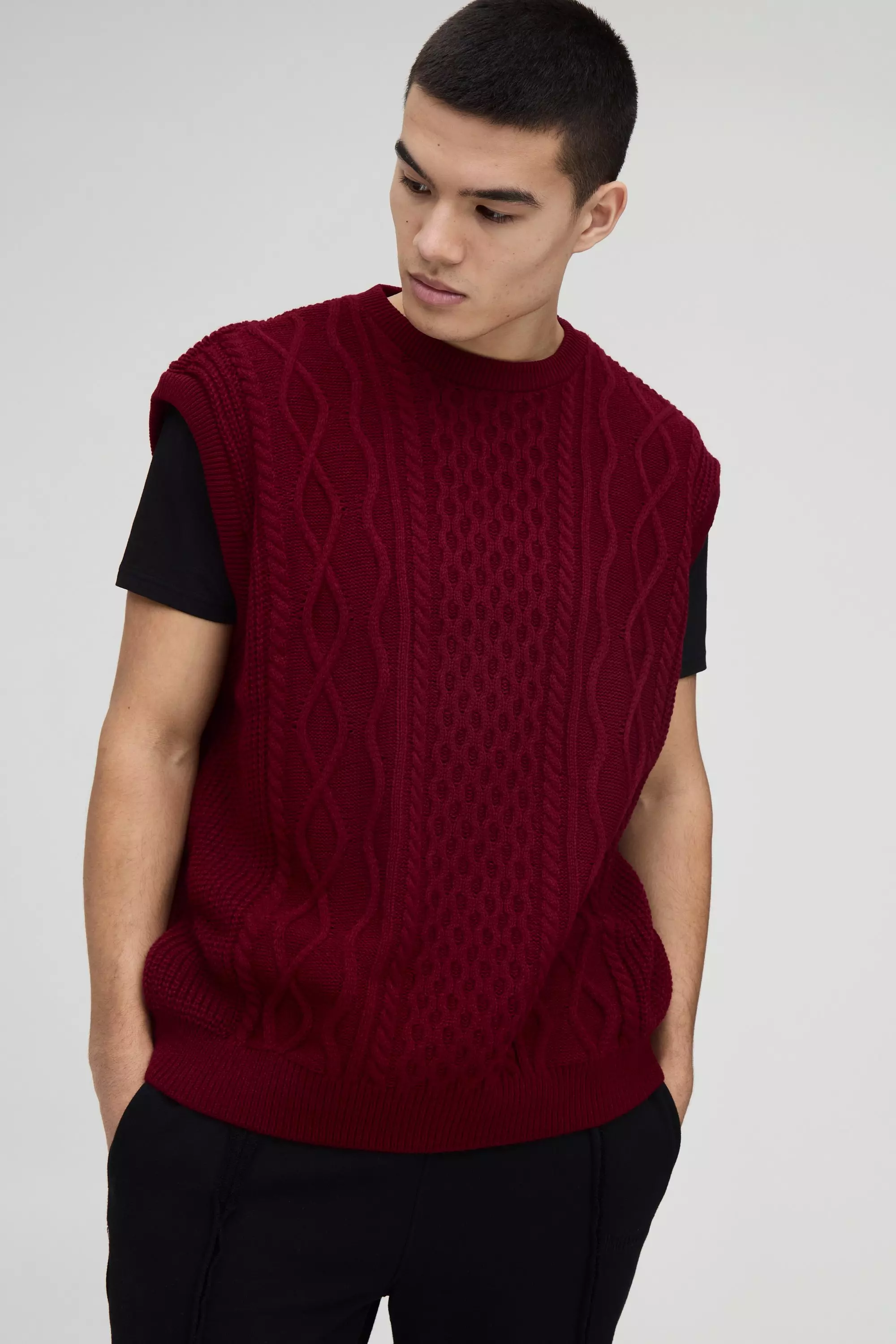 Oversize Rundhals Zopfmuster-Pullover, Burgundy alternatives Bild