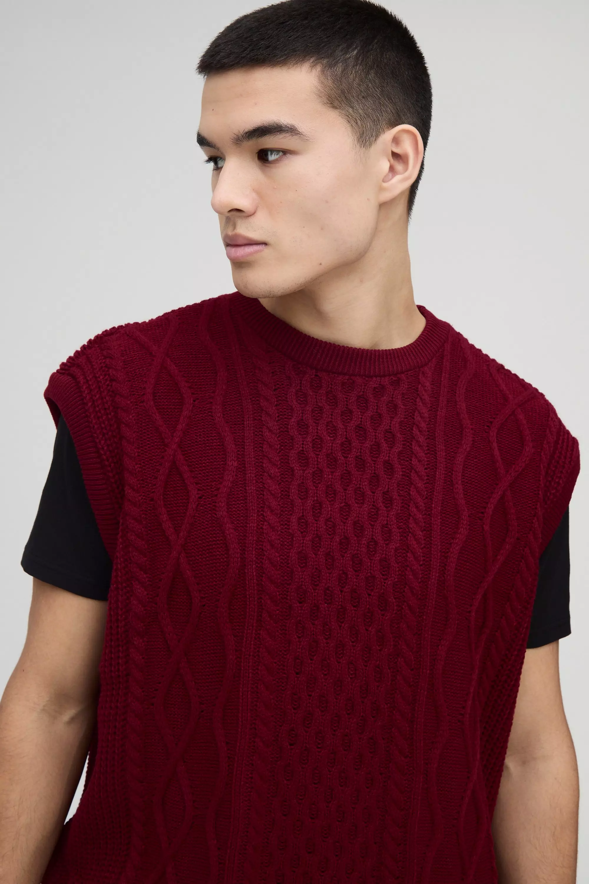 Oversize Rundhals Zopfmuster-Pullover, Burgundy alternatives Bild