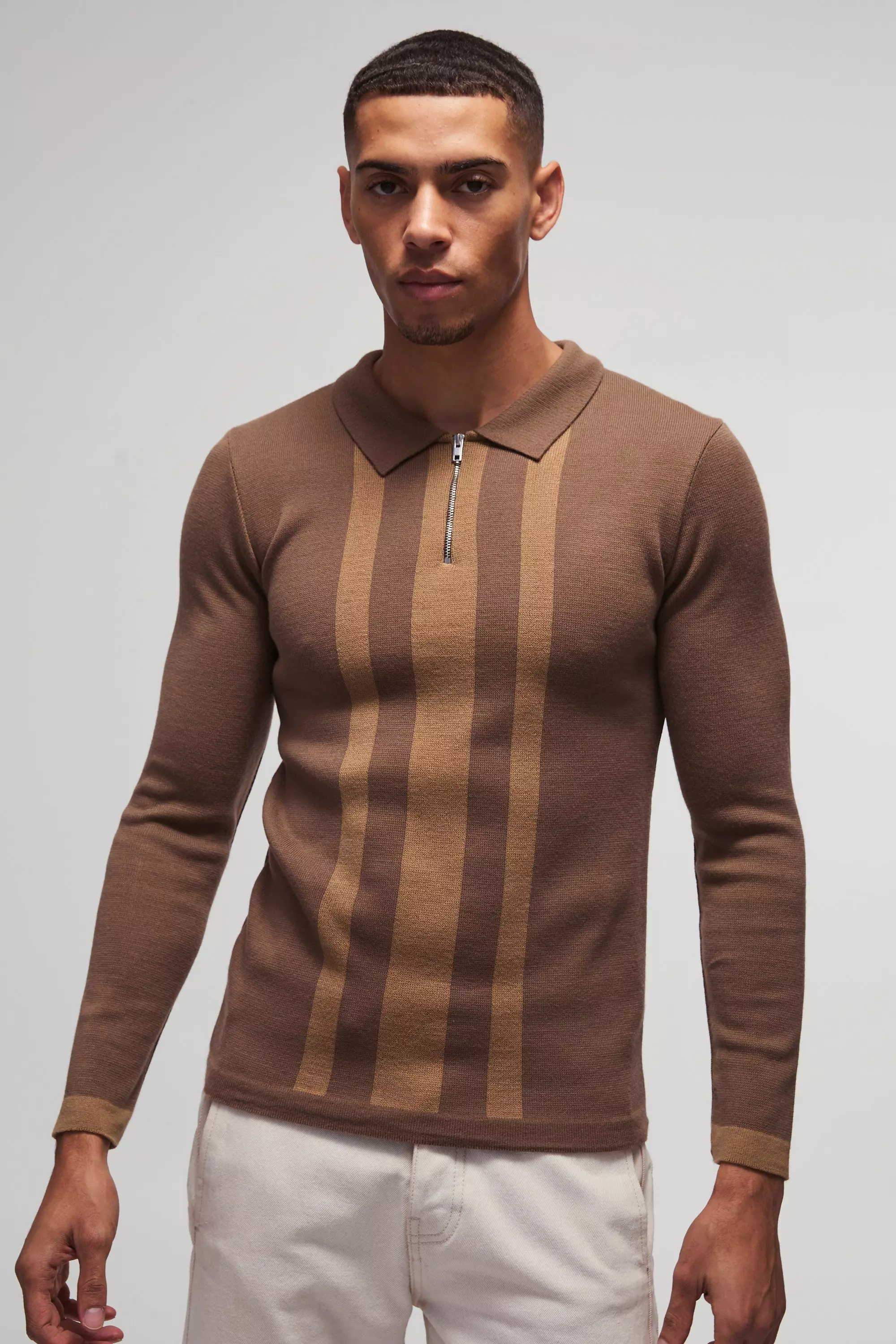 Long Sleeve Muscle Fit Stripe Knit Polo Taupe