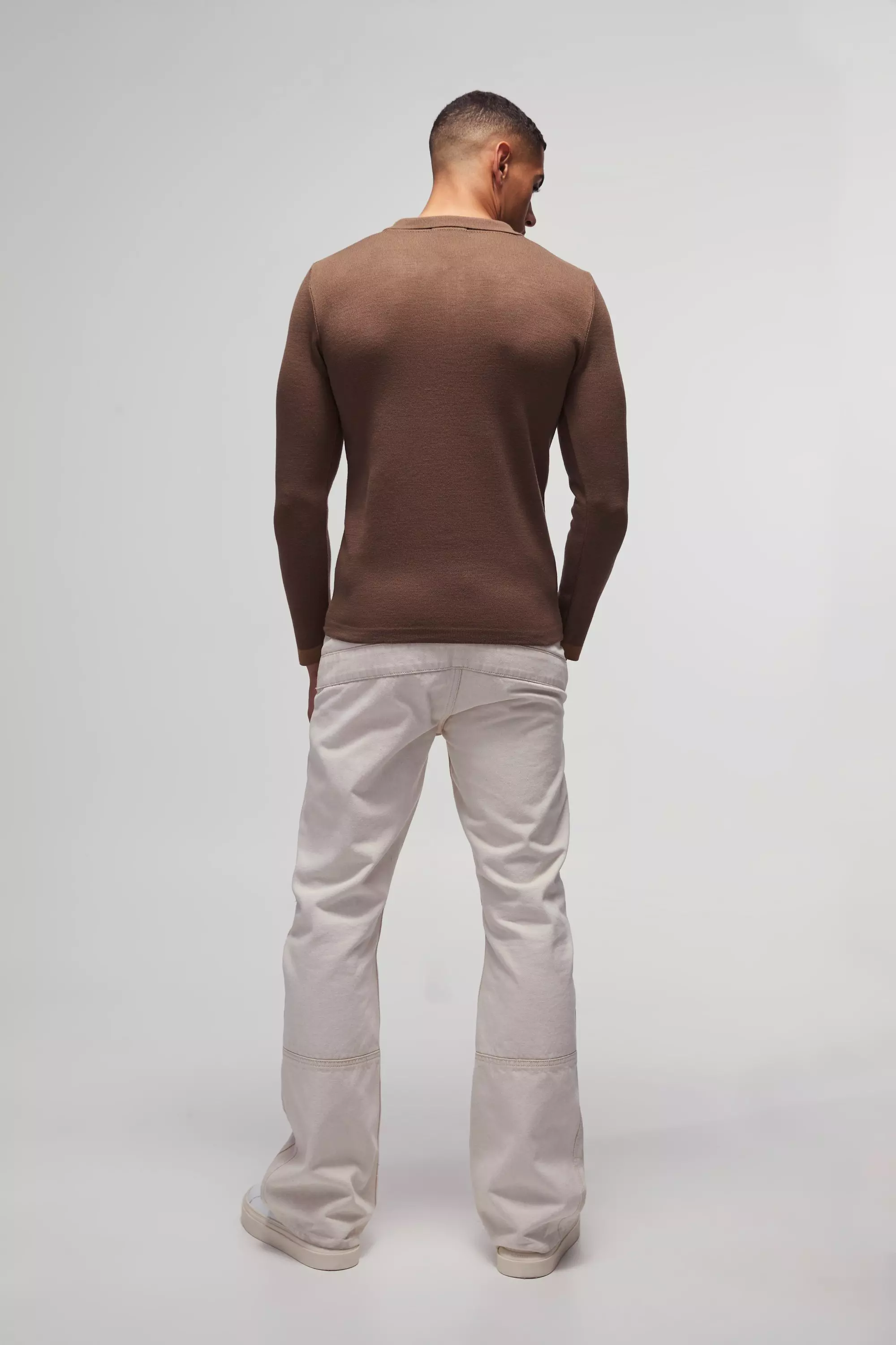 Taupe Long Sleeve Muscle Fit Stripe Knit Polo alternative image