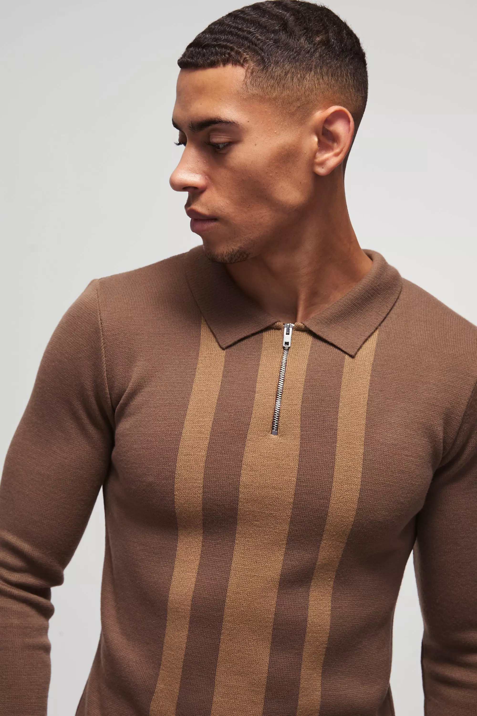 Taupe Long Sleeve Muscle Fit Stripe Knit Polo alternative image