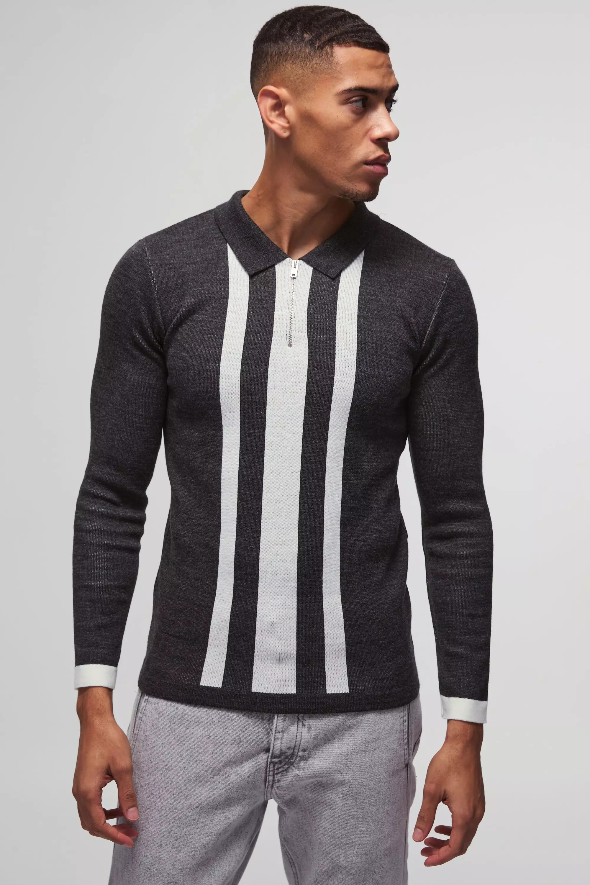 Long Sleeve Muscle Fit Stripe Knit Polo Charcoal