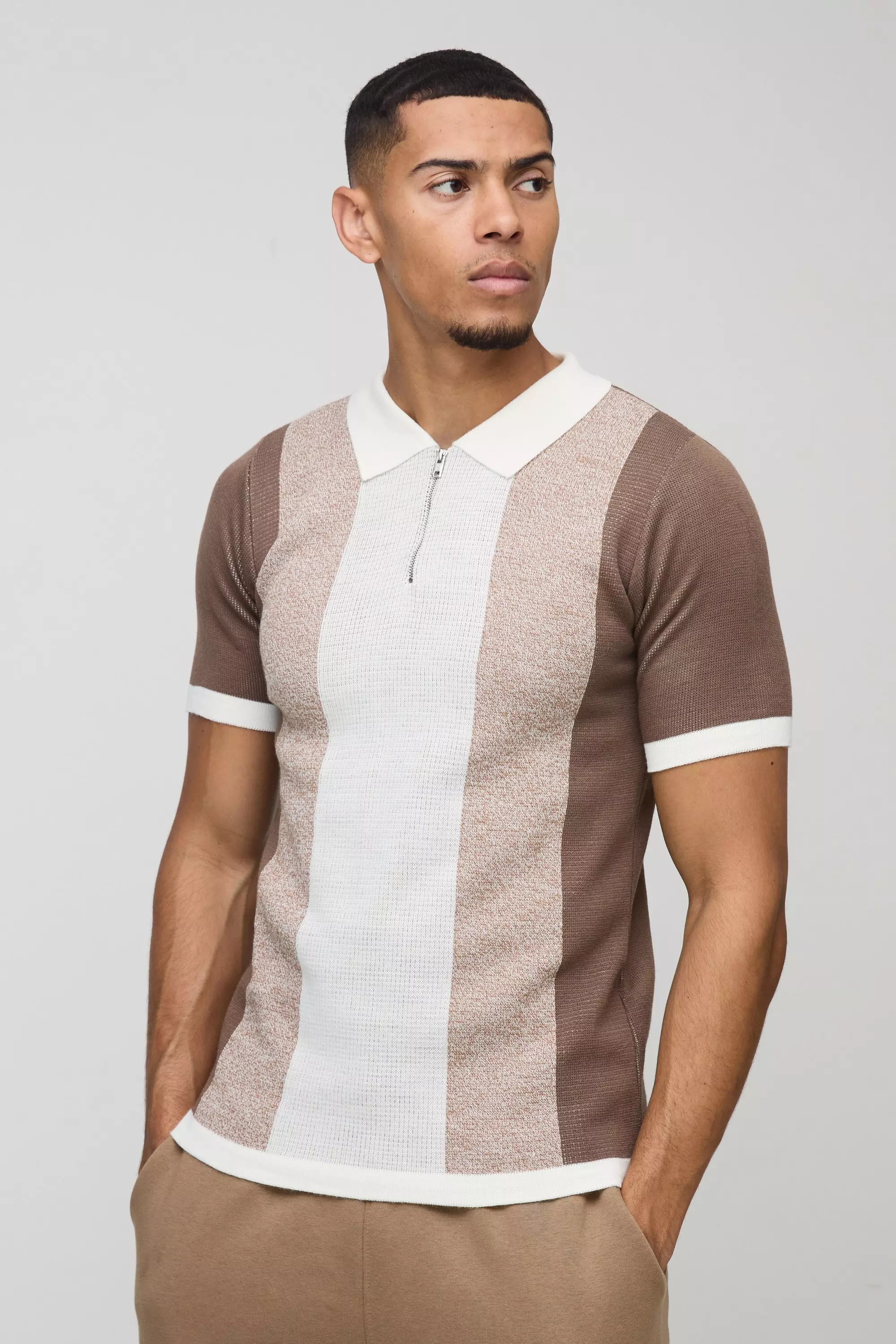 Short Sleeve Muscle Fit Colour Block Knit Polo Taupe