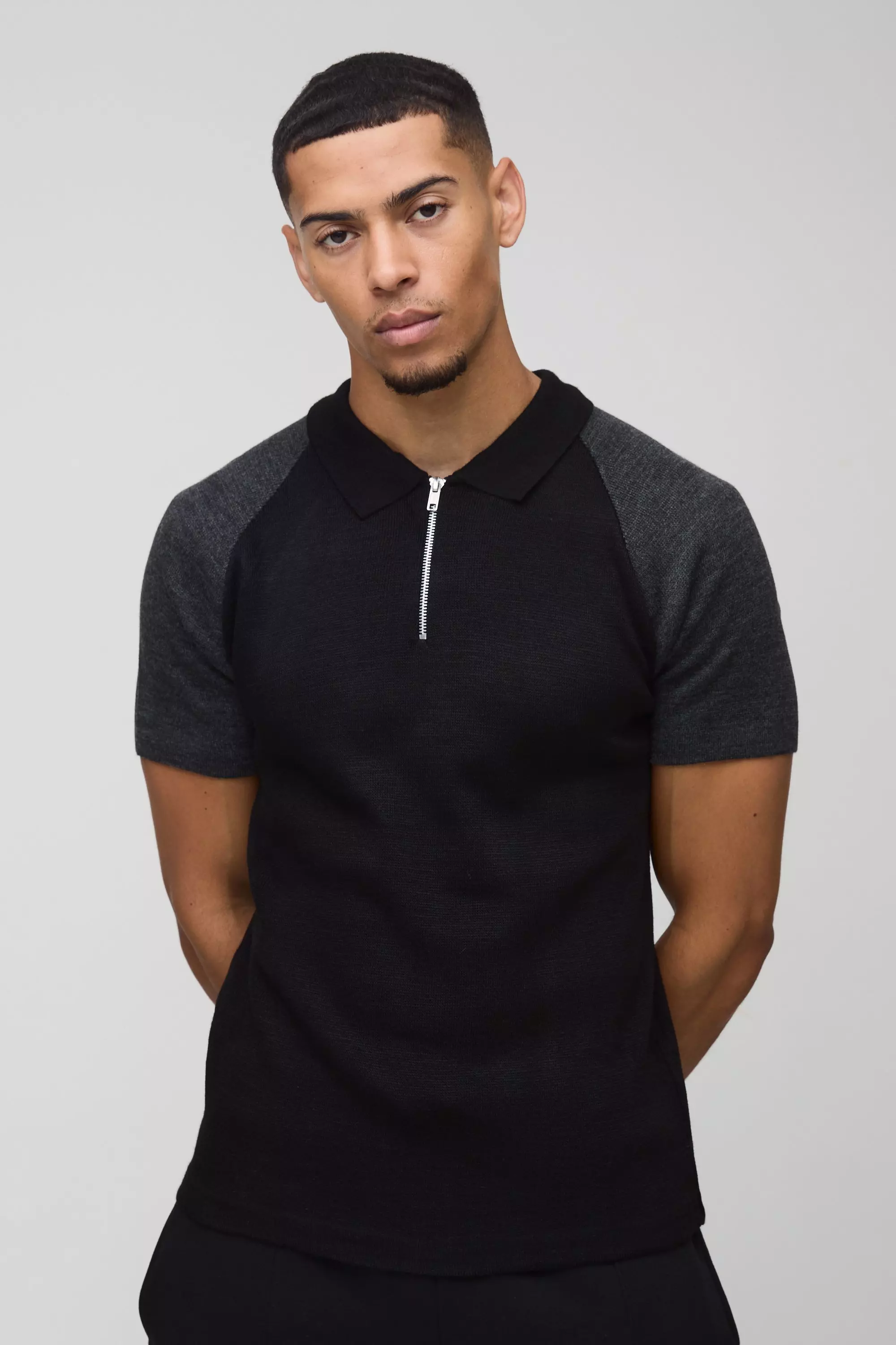 Short Sleeve Muscle Fit Raglan Colour Block Knit Polo Black