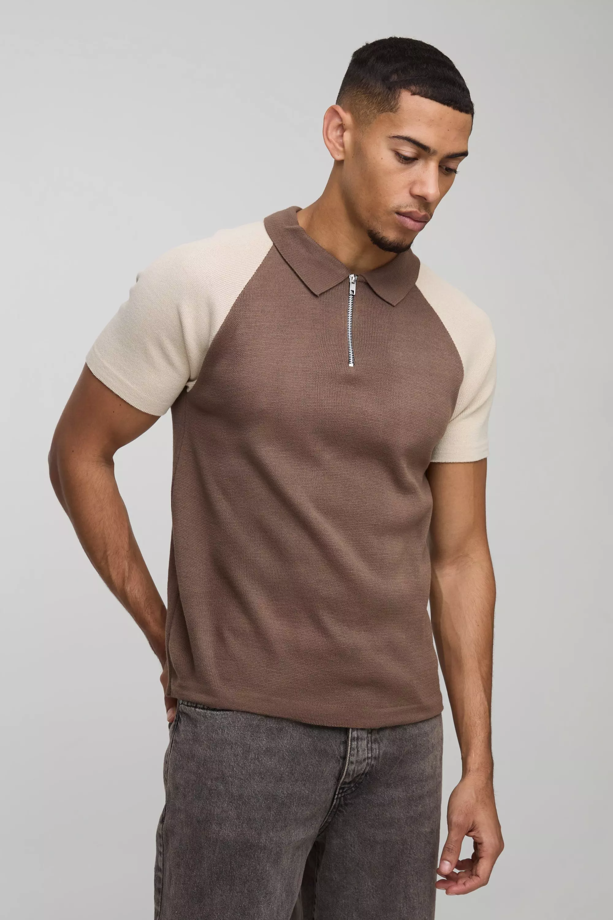 Short Sleeve Muscle Fit Raglan Colour Block Knit Polo Taupe