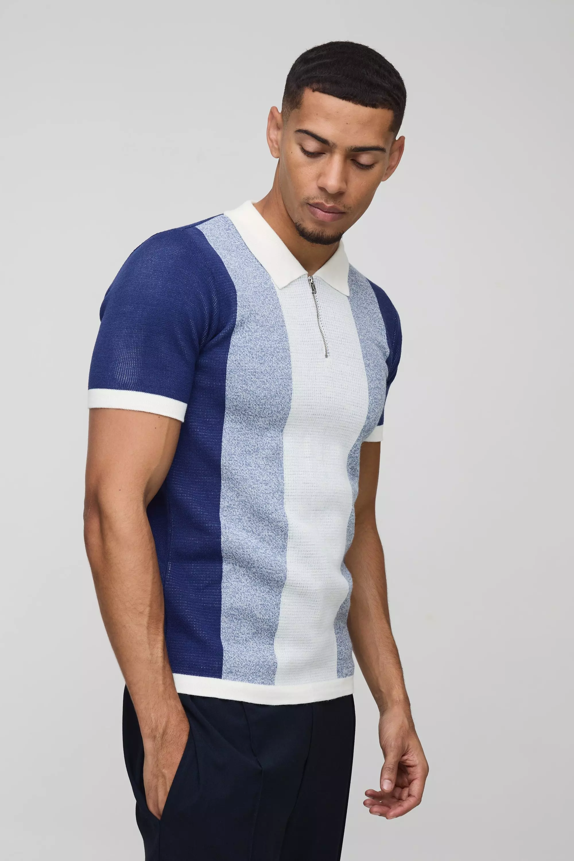 Short Sleeve Muscle Fit Colour Block Knit Polo Blue