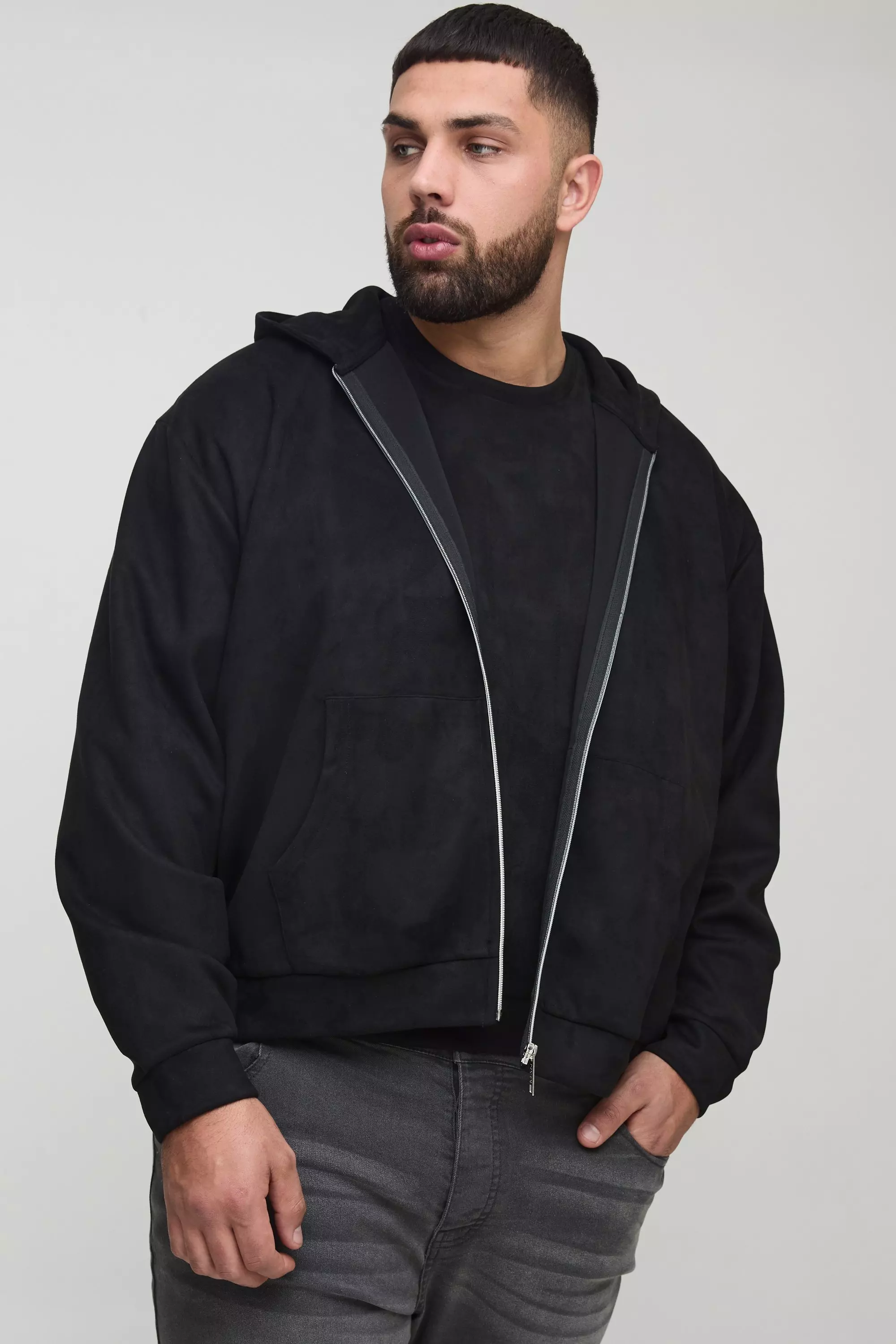 Black Plus Oversized Boxy Zip Thru Faux Suede Hoodie