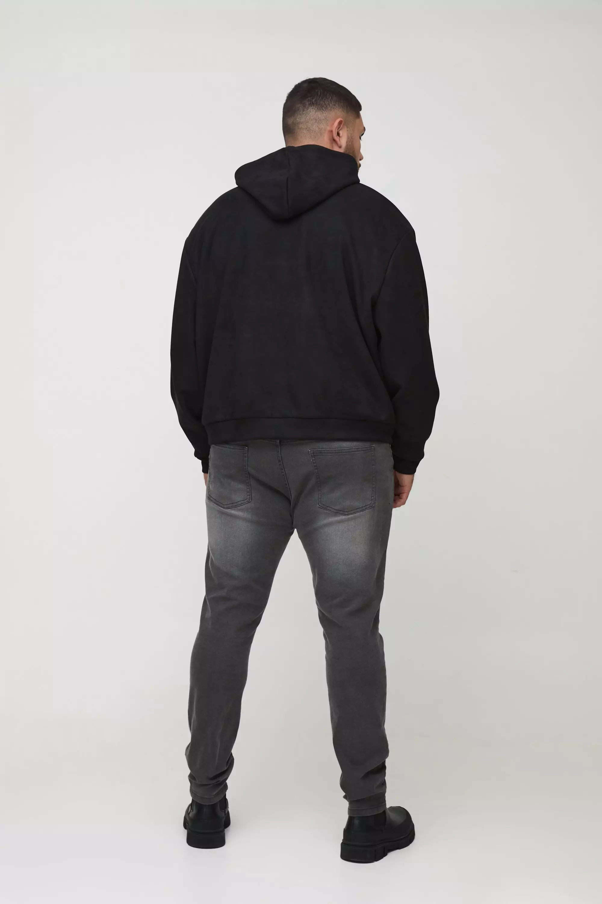 Plus Oversized Boxy Zip Thru Faux Suede Hoodie boohooMAN IE