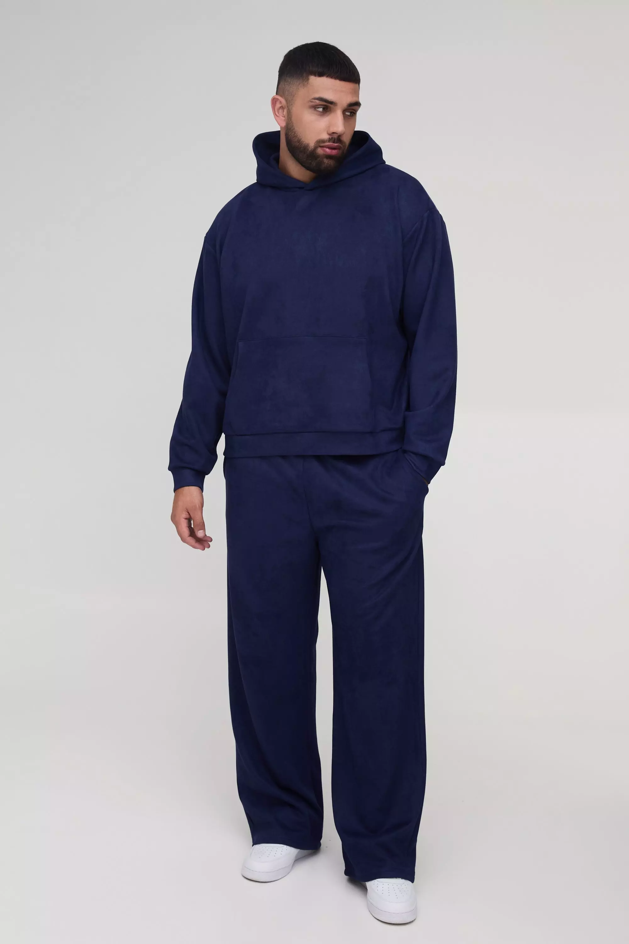 Navy Plus Oversized Boxy Hooded Faux Suede Relaxed Tracksuit