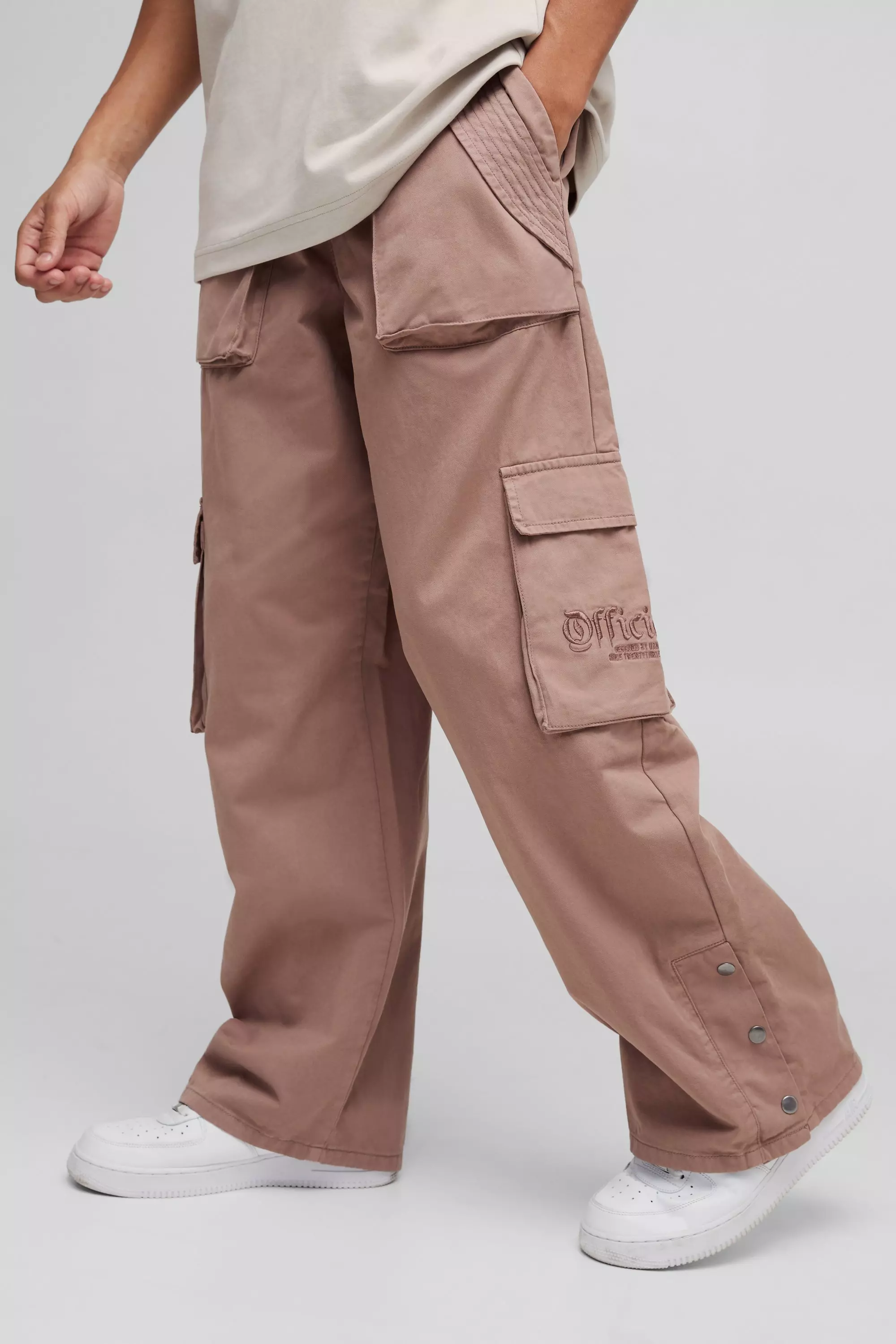 Elasticated Waist Baggy Brushed Twill Embroidery Cargo Pants Taupe