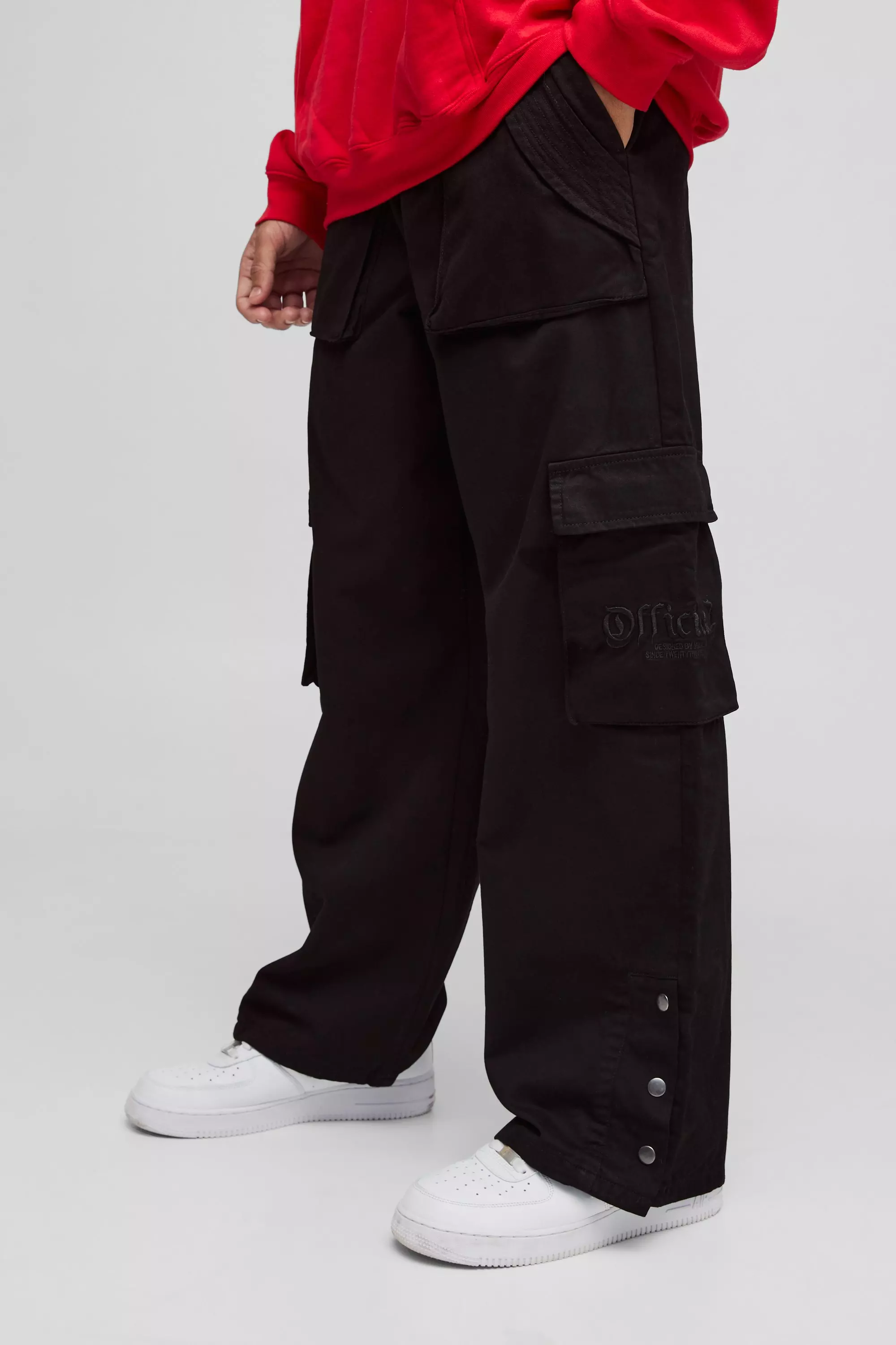 Elasticated Waist Baggy Brushed Twill Embroidery Cargo Pants Black