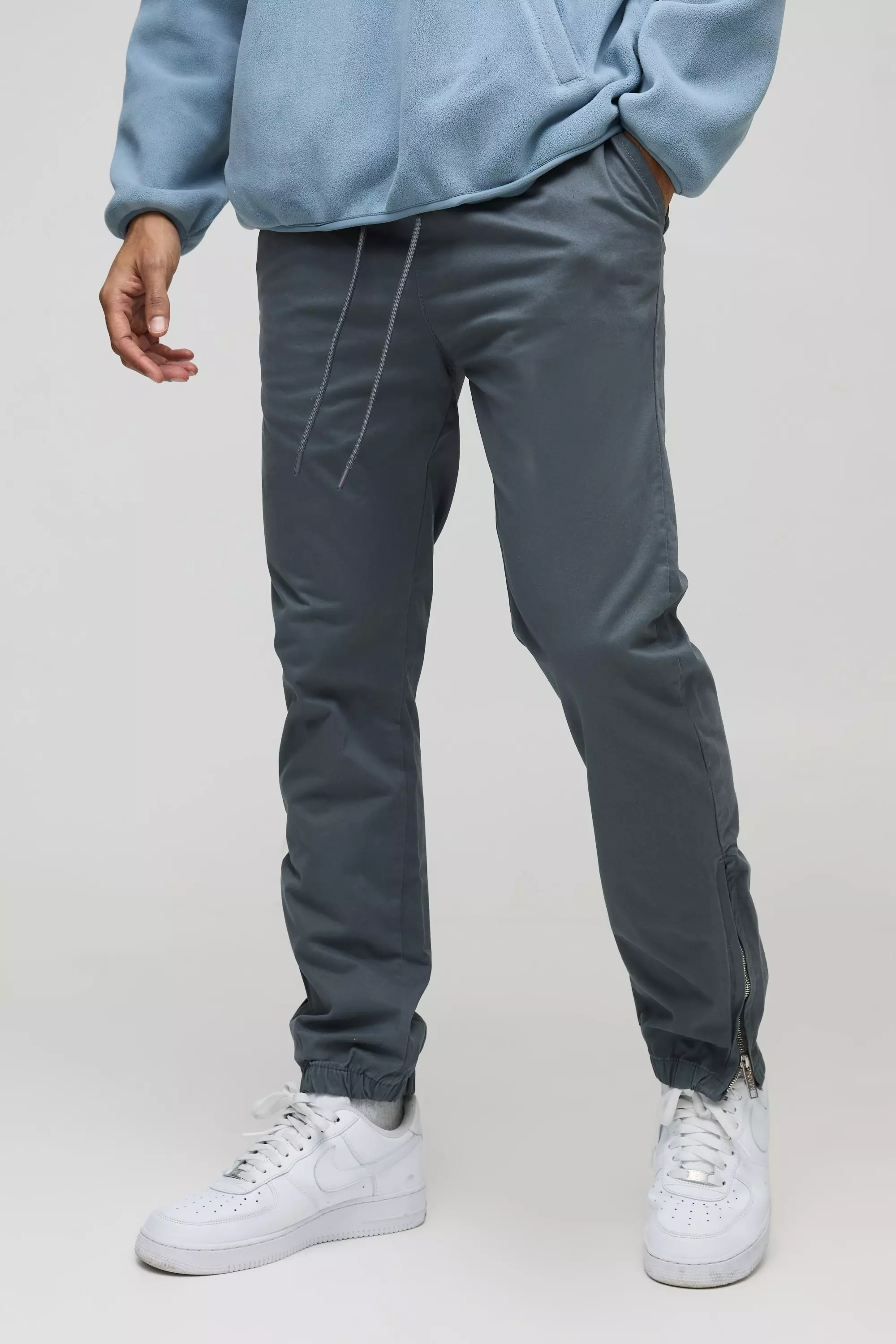 Elasticated Waist Slim Soft Twill Cuffed Pants Light grey