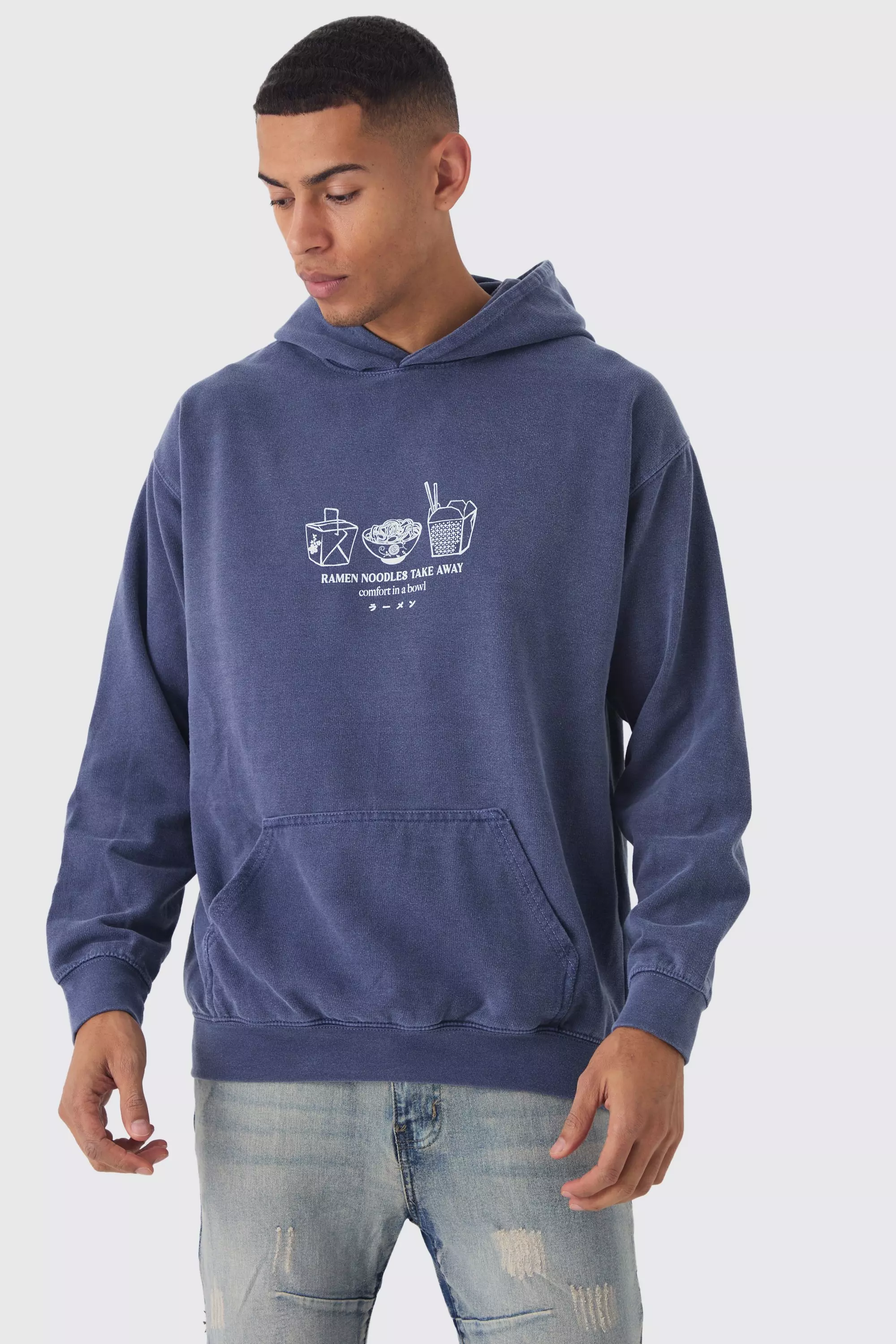 Navy Ramen Noodles Line Drawn Graphic Washed Hoodie