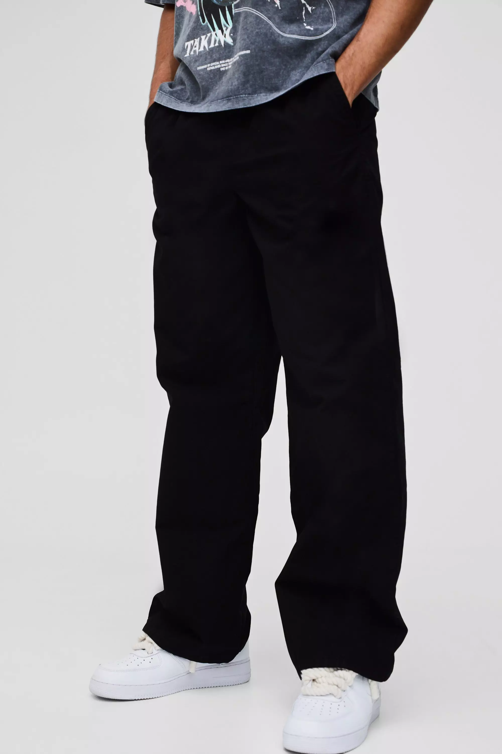 Elasticated Waist Baggy Peached Twill Pants Black