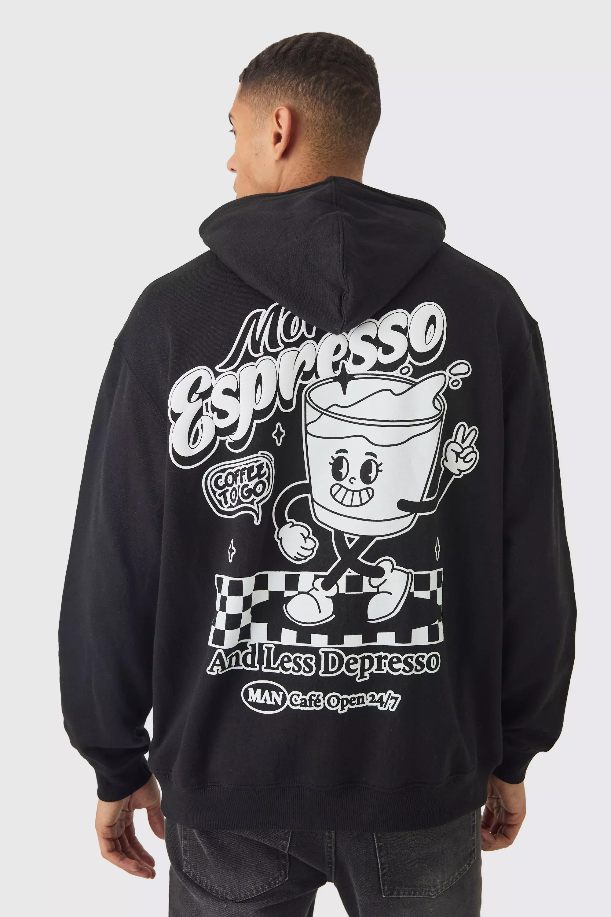 Oversized Espresso Cartoon Puff Print Hoodie Black