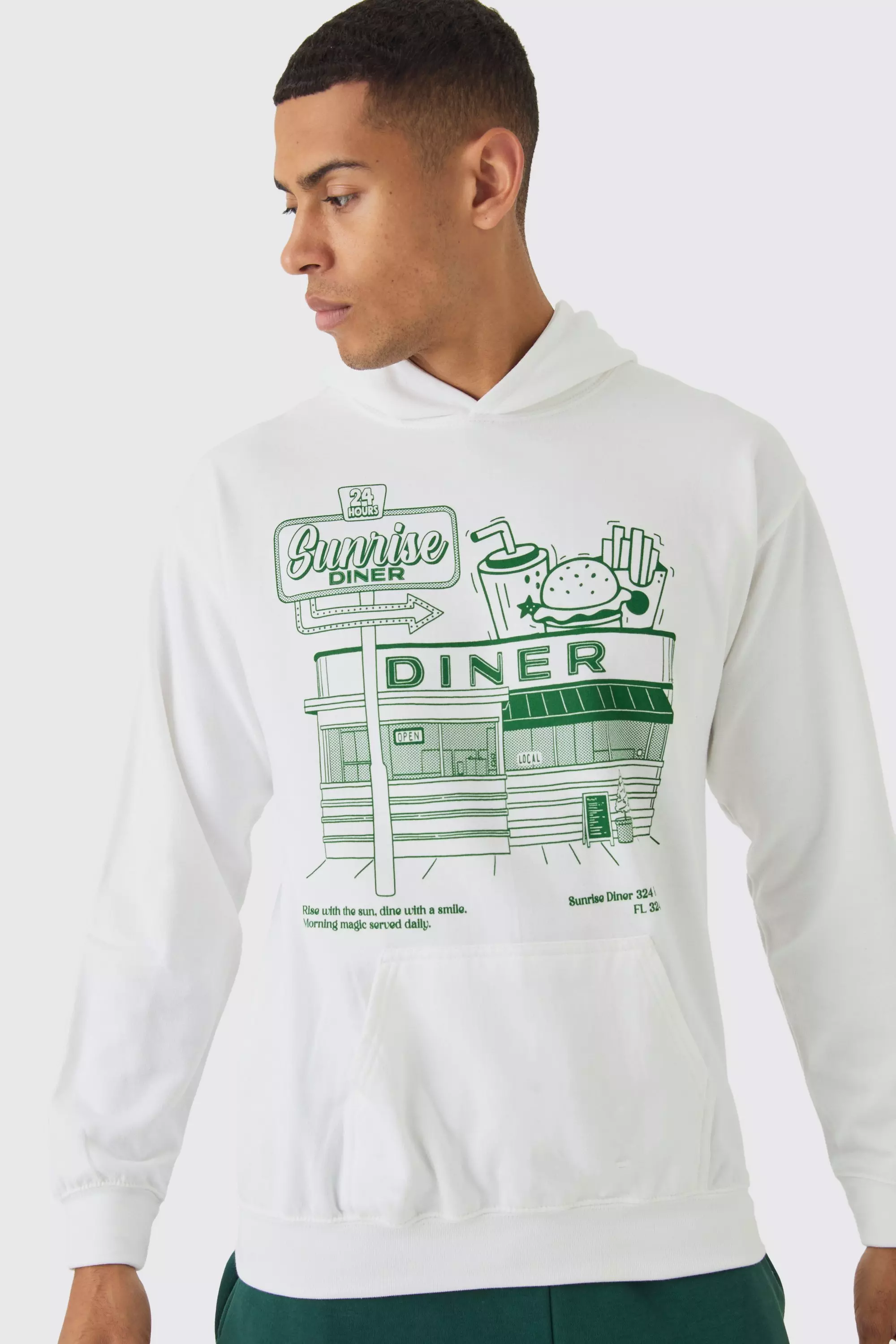 Sunrise Diner Cartoon Line Drawn Graphic Hoodie White