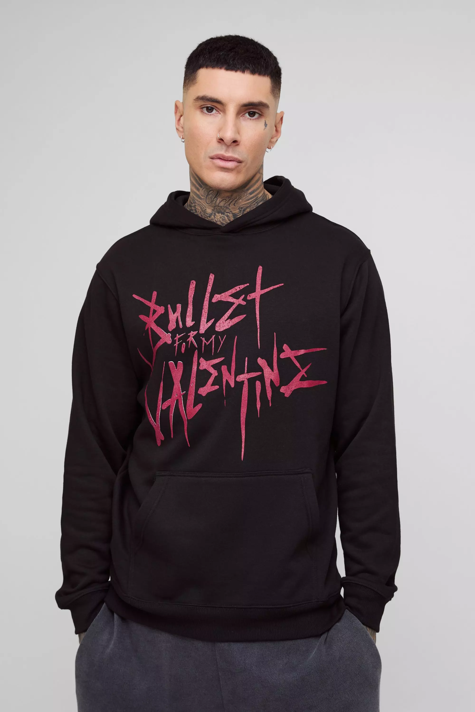 Black Tall Oversized Bullet For My Valentine License Print Hoodie