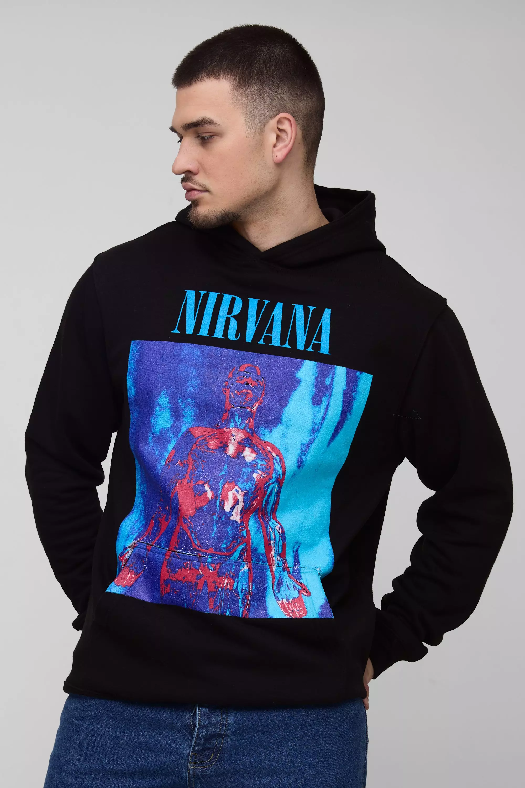 Black Tall Oversized Nirvana License Print Hoodie