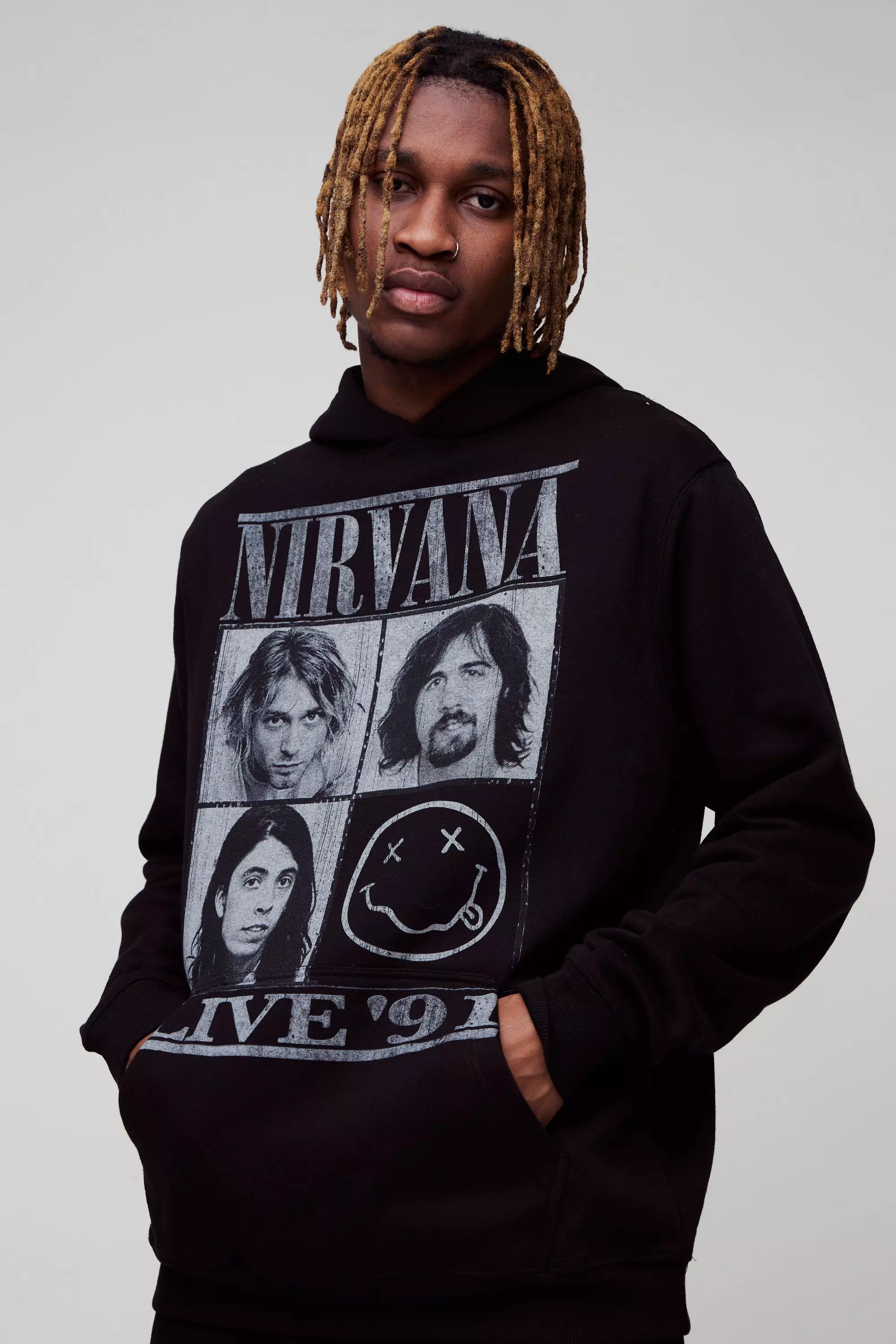 Tall Oversized Nirvana License Print Hoodie Black