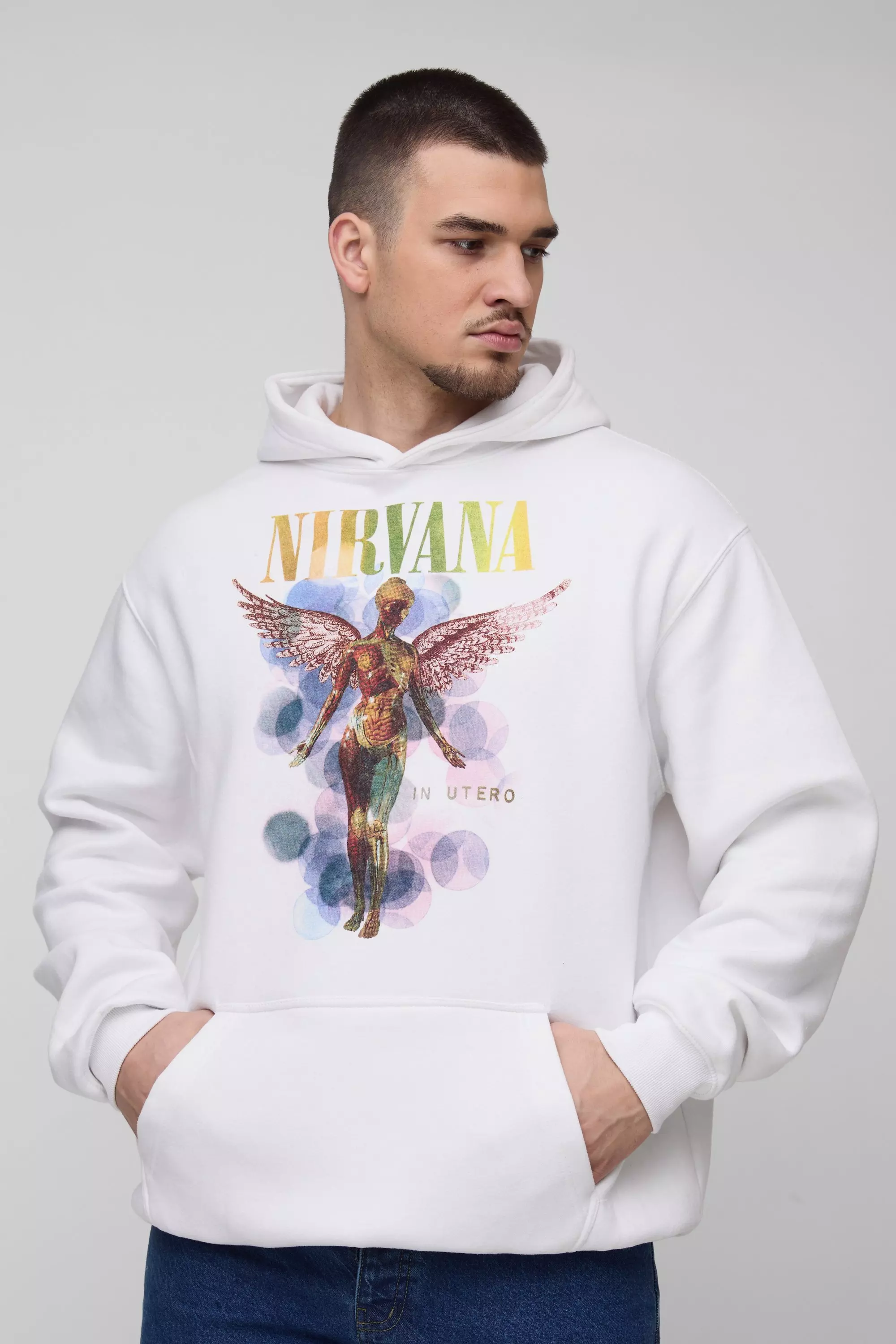 White Tall Oversized Nirvana License Print Hoodie alternative image