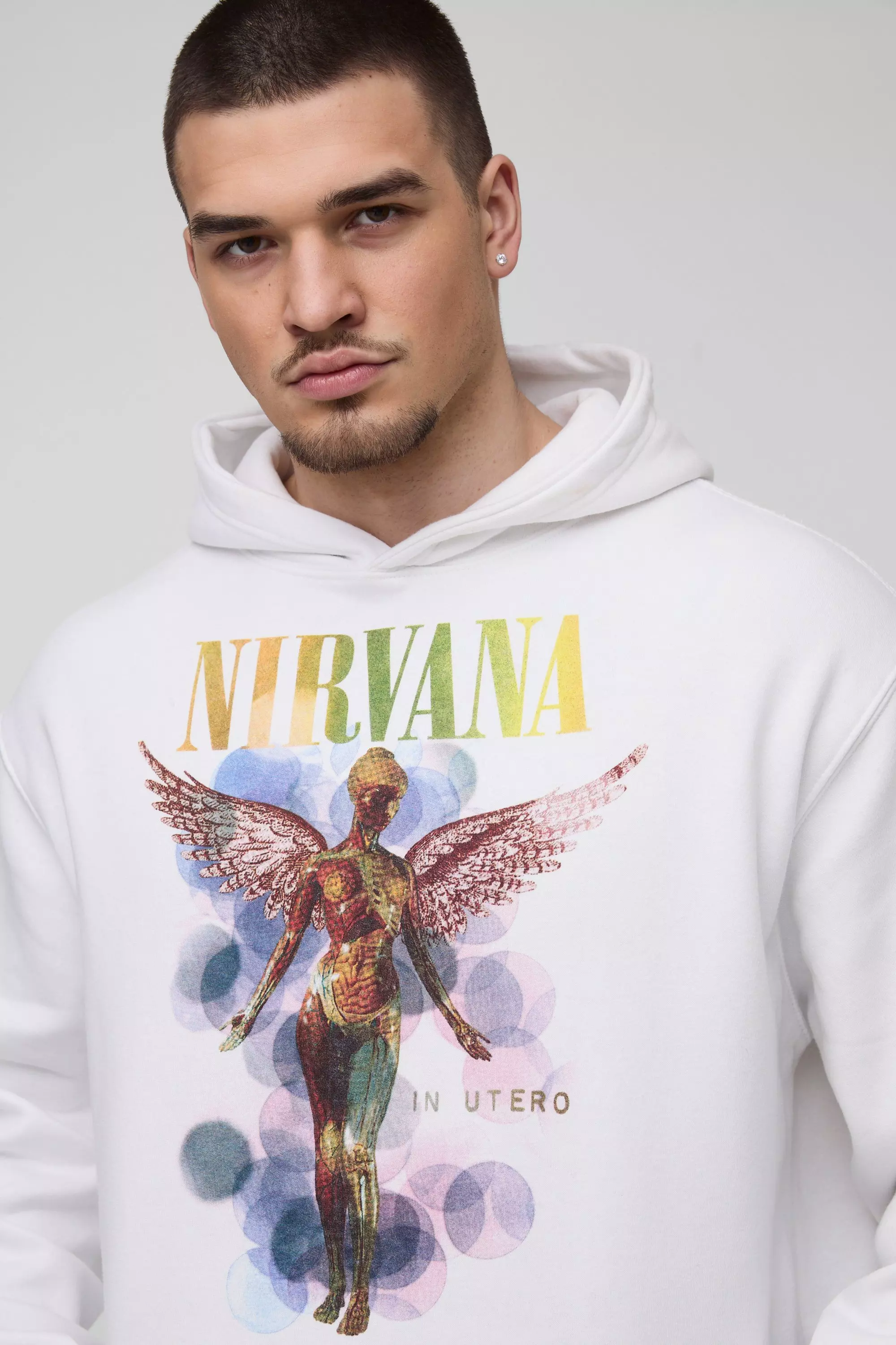 White Tall Oversized Nirvana License Print Hoodie alternative image