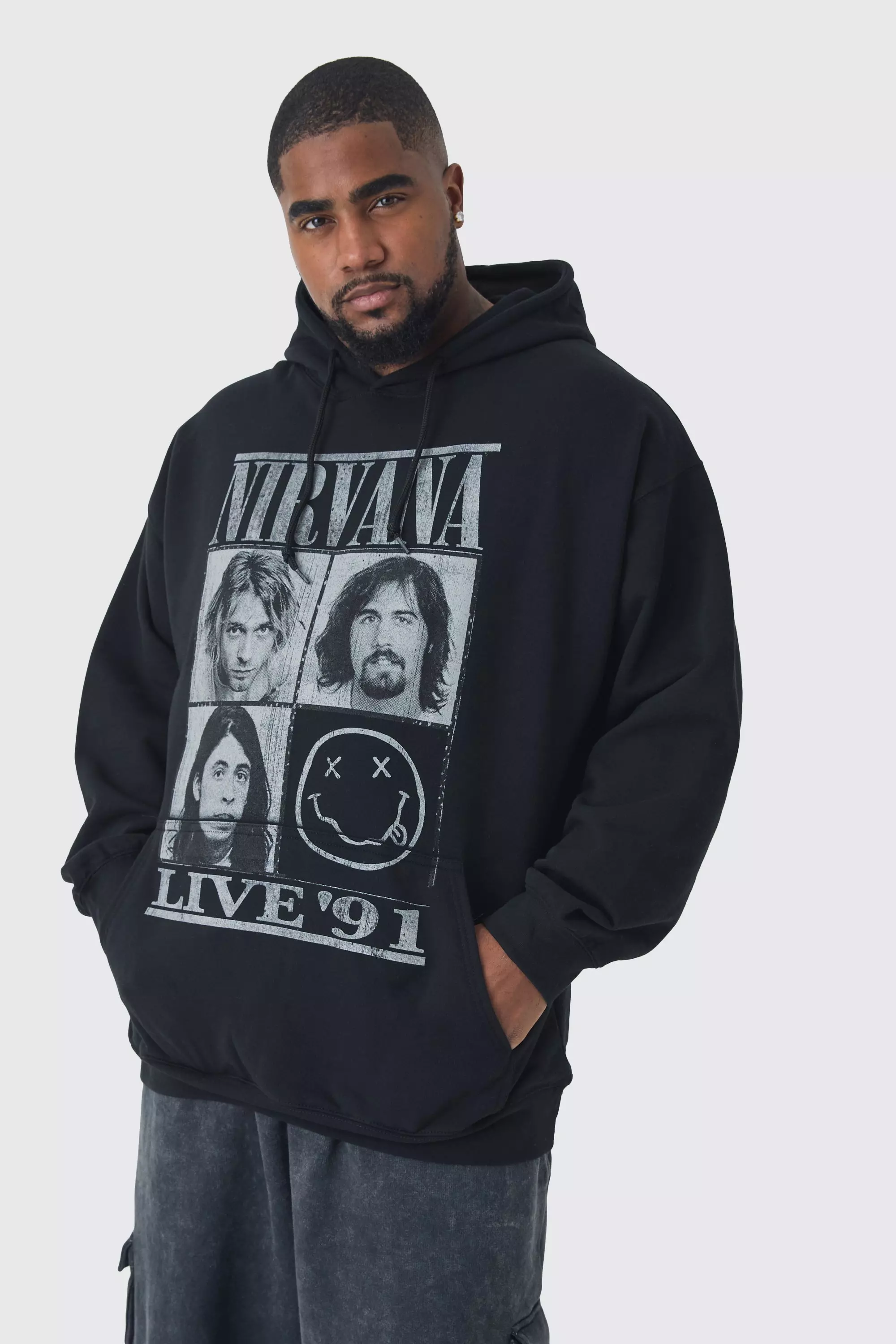 Black Plus Oversized Nirvana License Print Hoodie