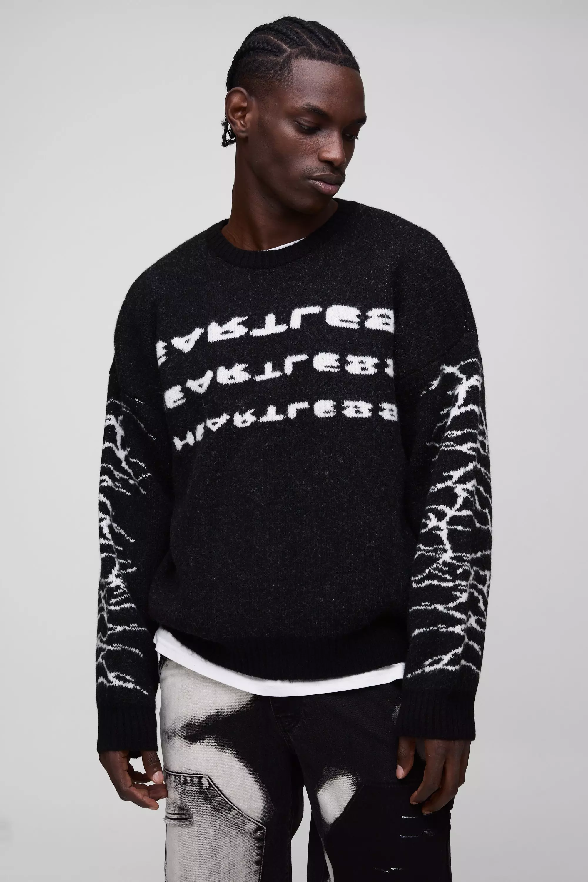 Black Oversized Boxy Brushed Heartless Graphic Knitted Sweater