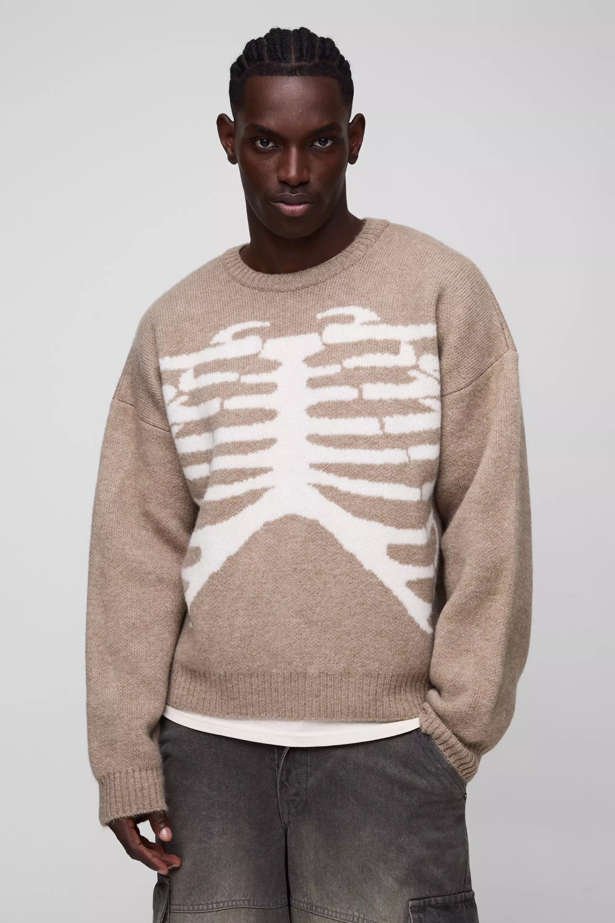 Oversized Boxy Brushed Skeleton Graphic Knitted Sweater Brown