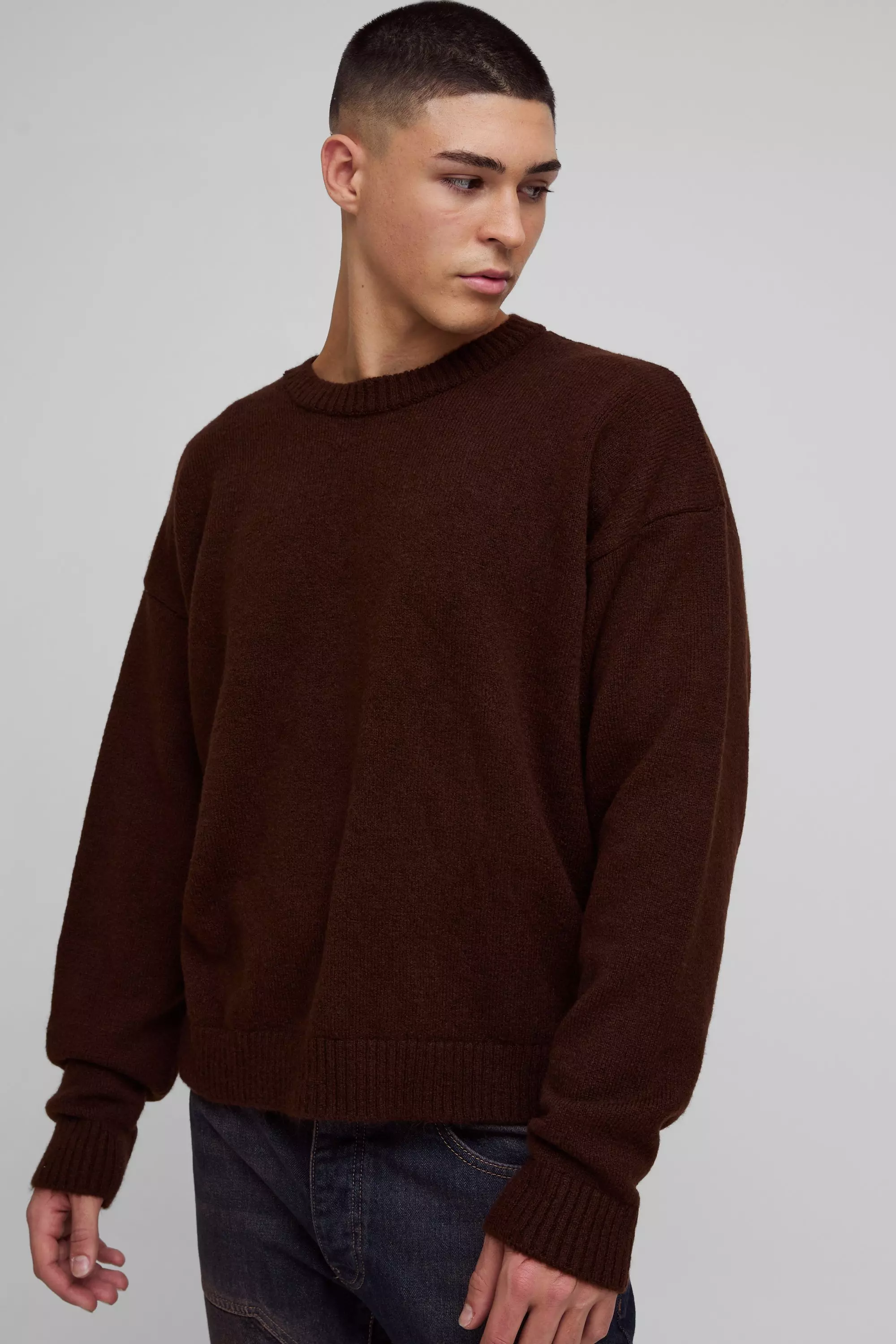 Oversized Boxy Brushed Knitted Sweater Chocolate