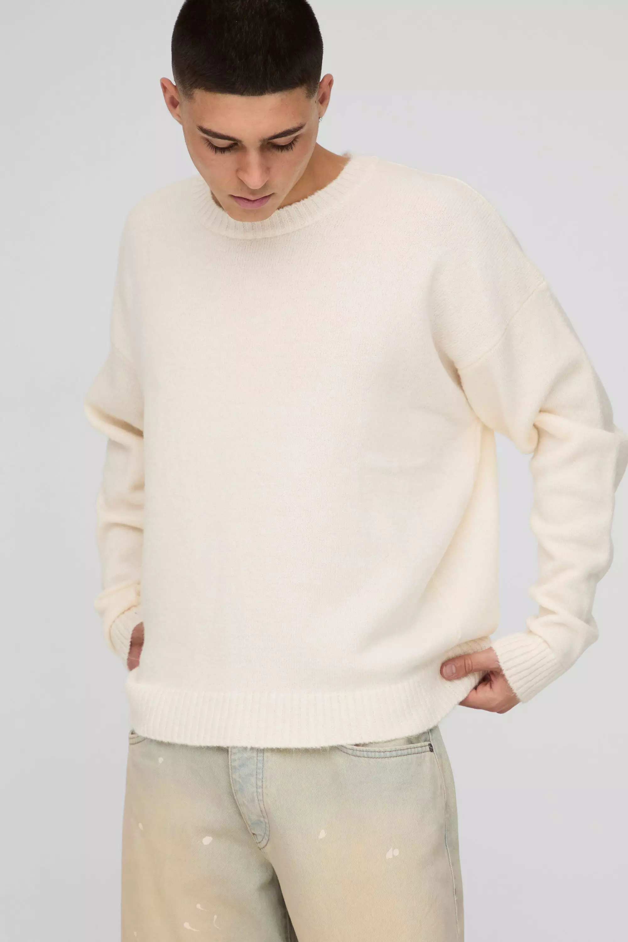 Ecru Oversized Boxy Brushed Knitted Jumper alternative image
