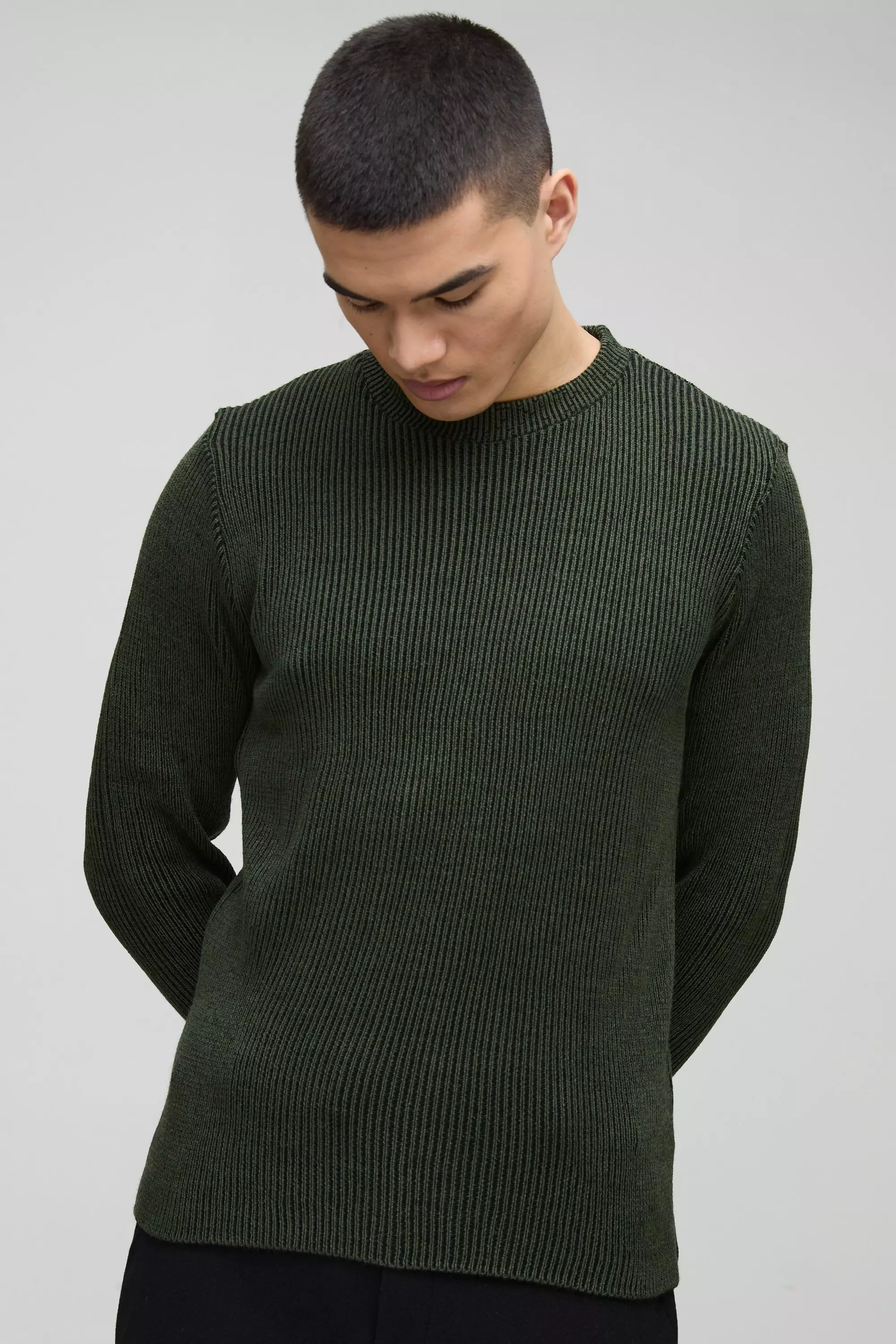 Khaki Regular Crew Neck Plated Ribbed Knit Jumper alternative image