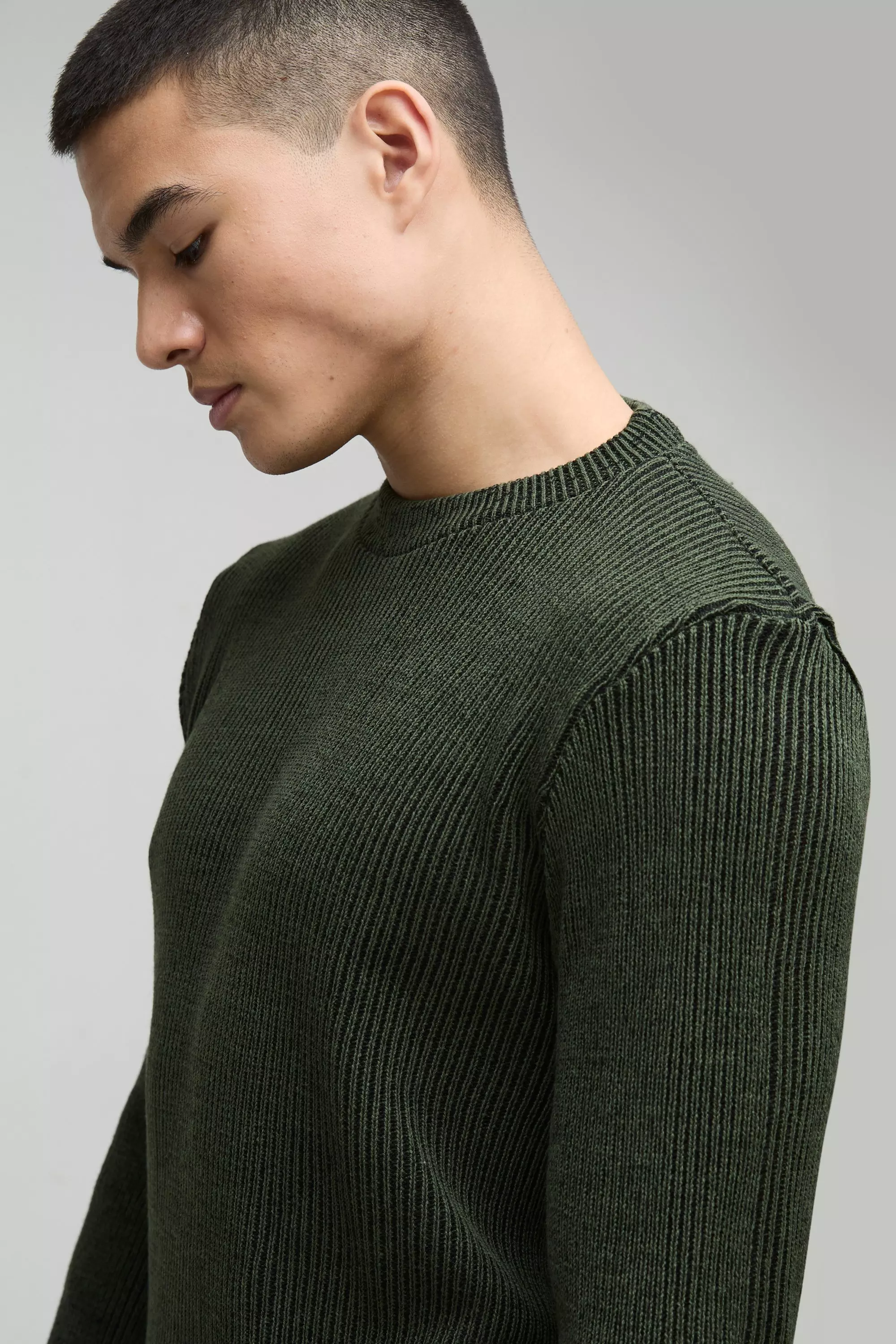 Khaki Regular Crew Neck Plated Ribbed Knit Jumper alternative image