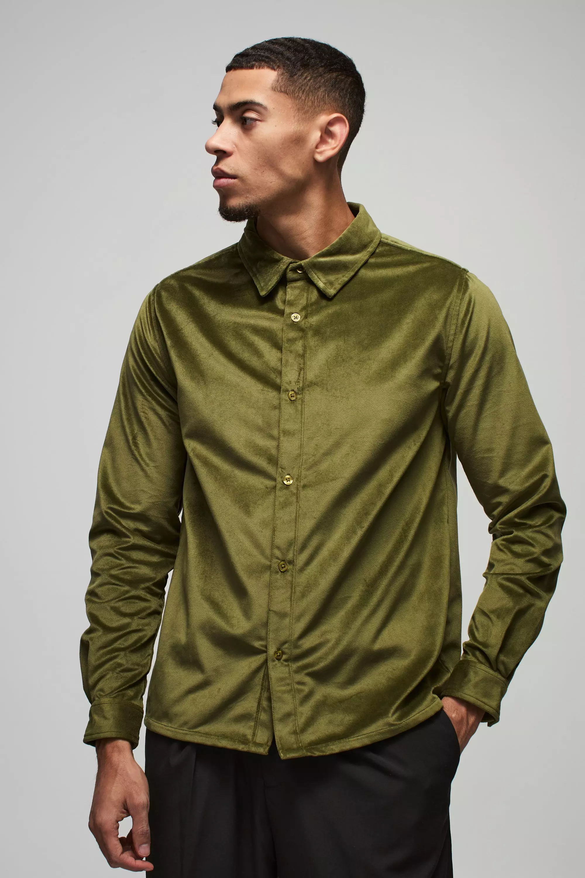 Khaki Regular Long Sleeve Velour Shirt alternative image