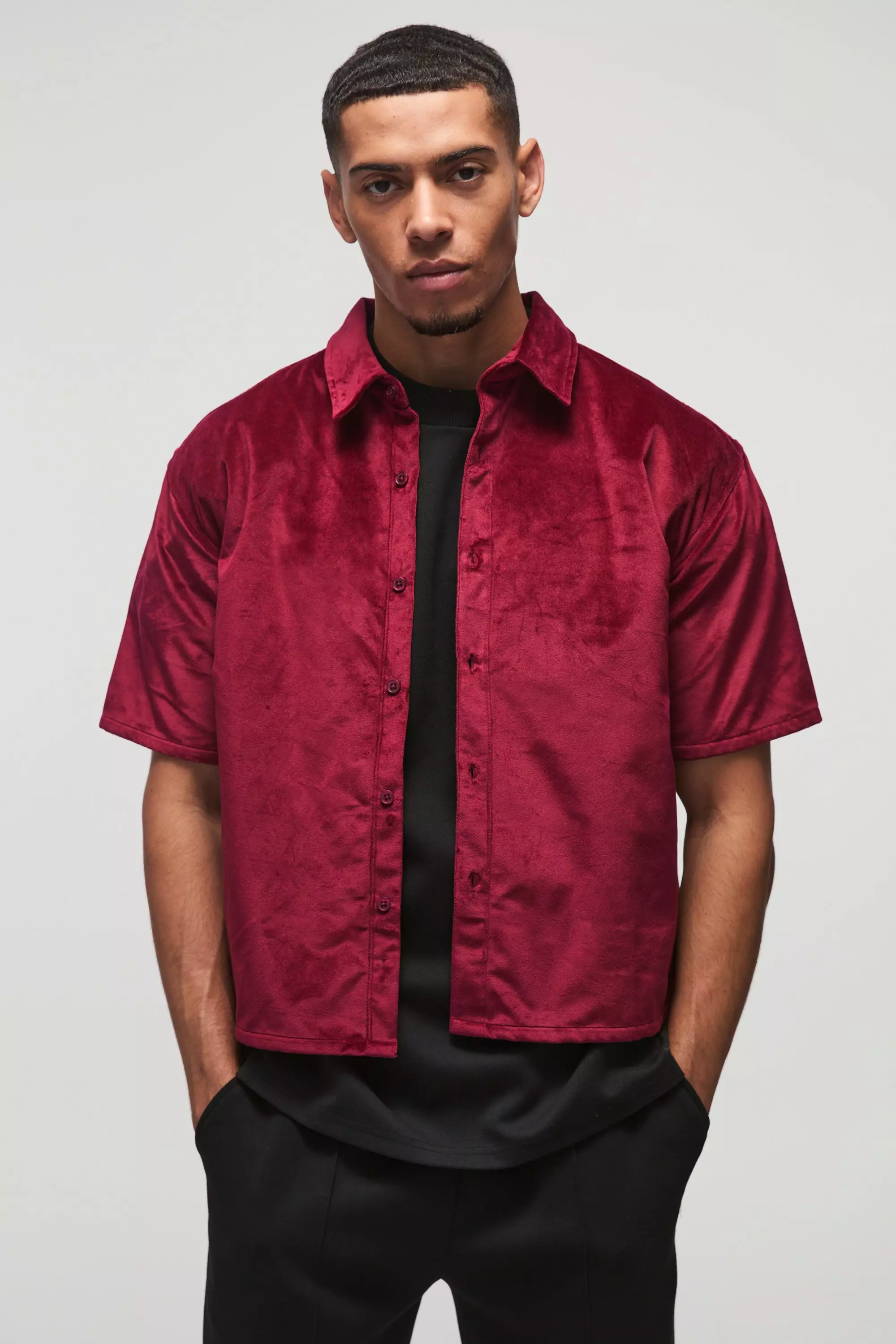 boohoo Women s Oversized Boxy Short Sleeve Velour Shirt Red Shirts