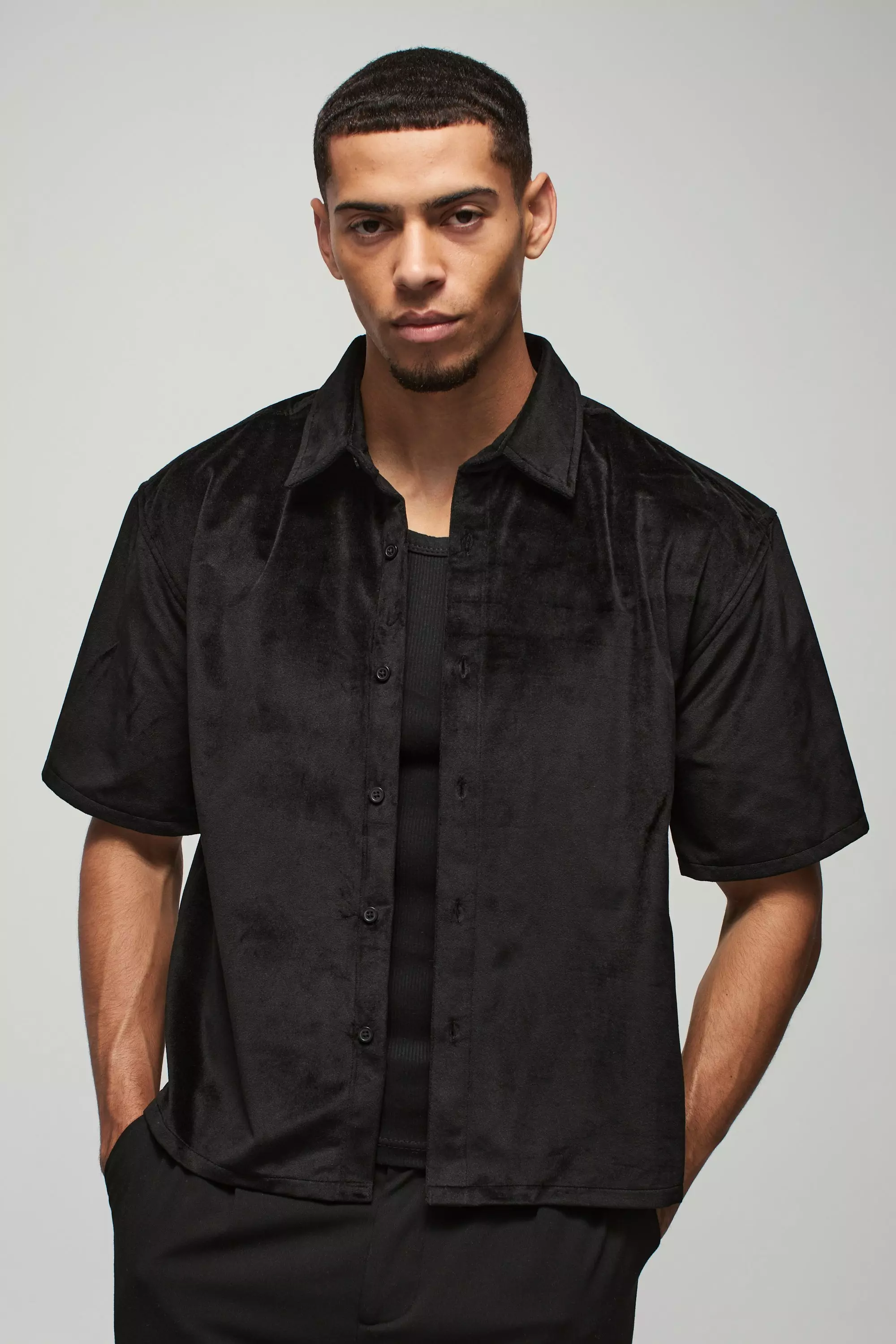 Oversized Boxy Short Sleeve Velour Shirt Black