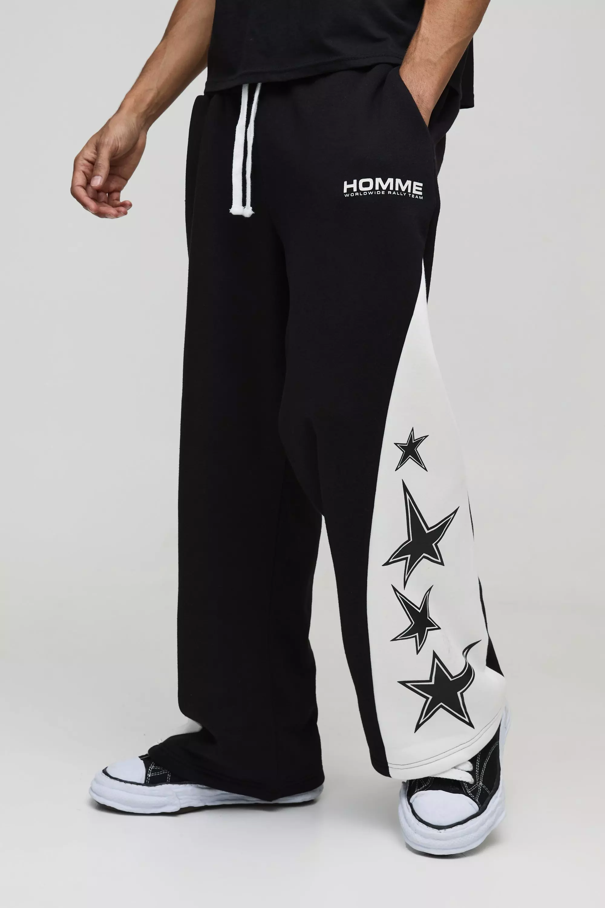 Pantaloni Tuta A Gamba Ampia Con Inserti A Stella, Black immagine alternativa