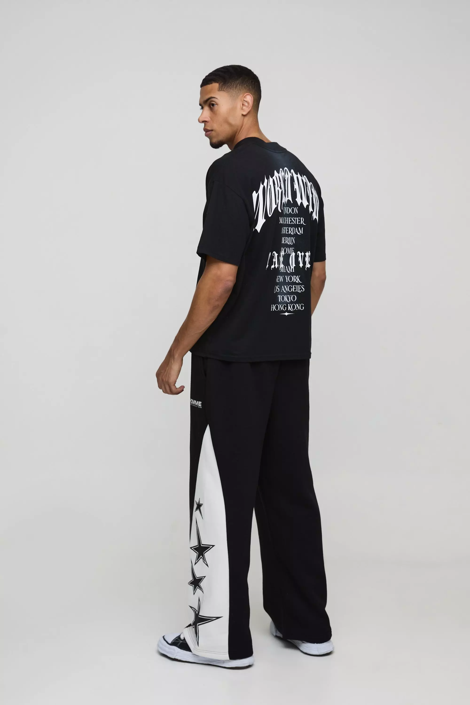 Pantaloni Tuta A Gamba Ampia Con Inserti A Stella, Black immagine alternativa