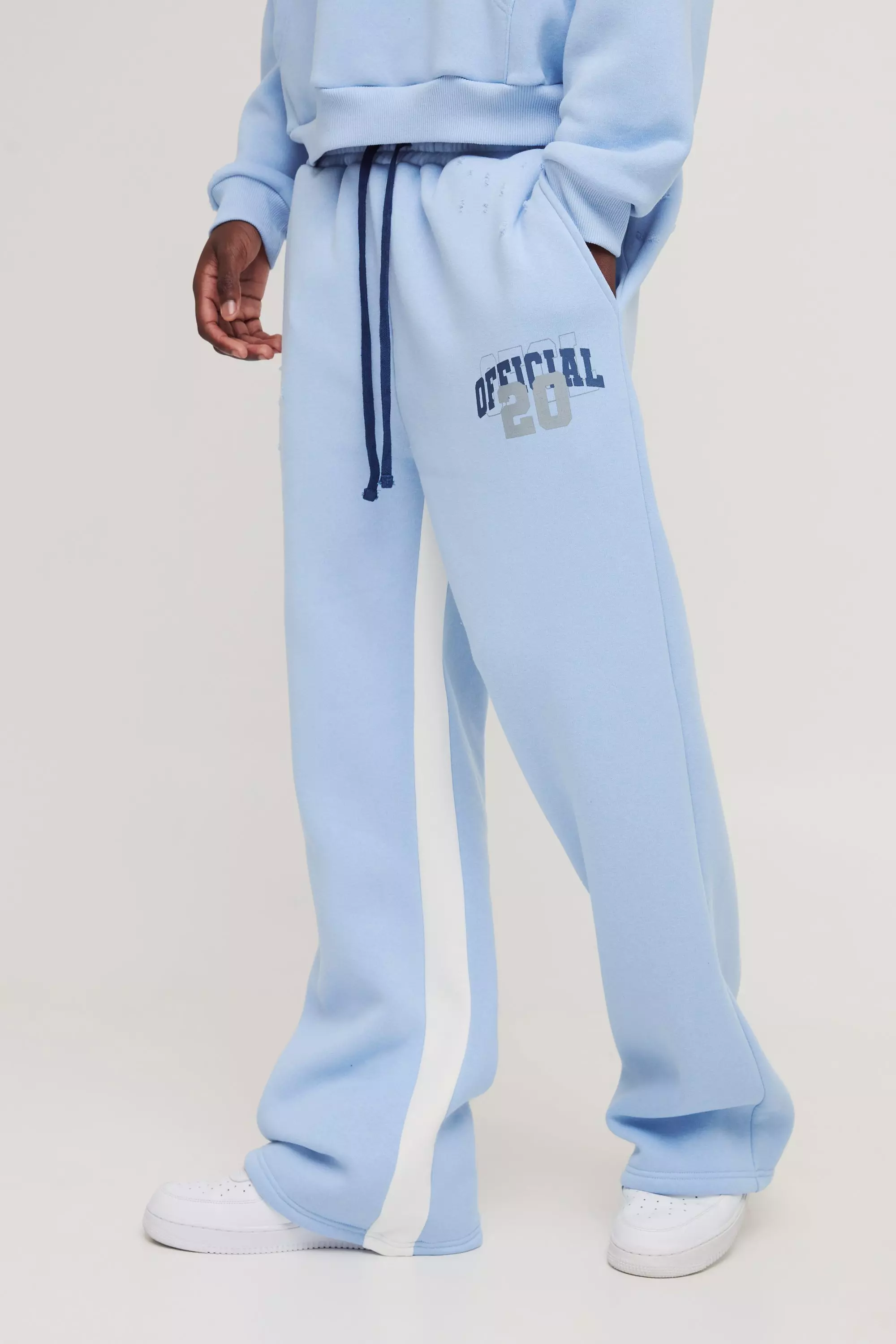 Blue Relaxed Flare Official Varsity Distressed Gusset Sweatpants