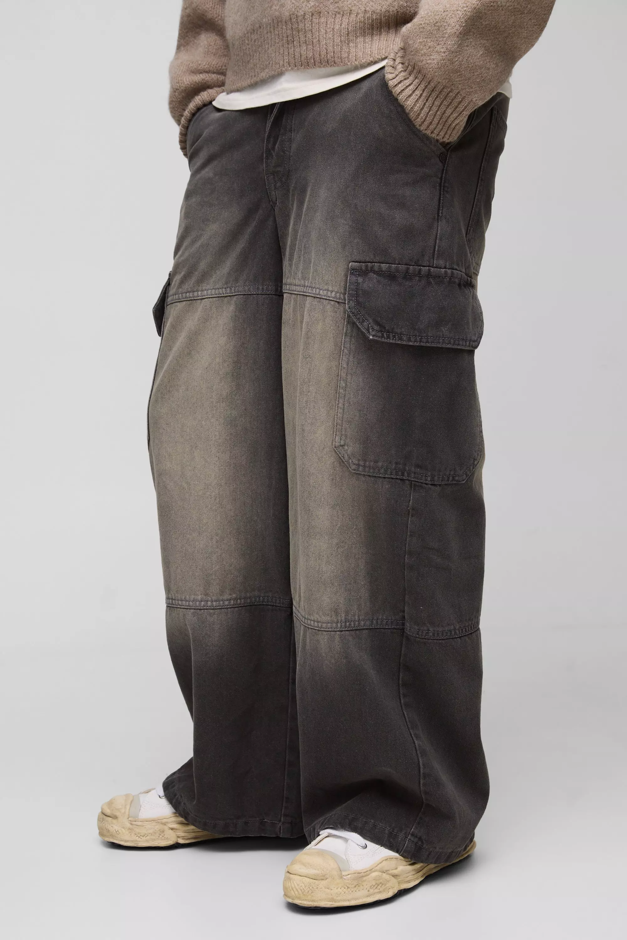 Grey Super Baggy Rigid Cargo Denim Jeans