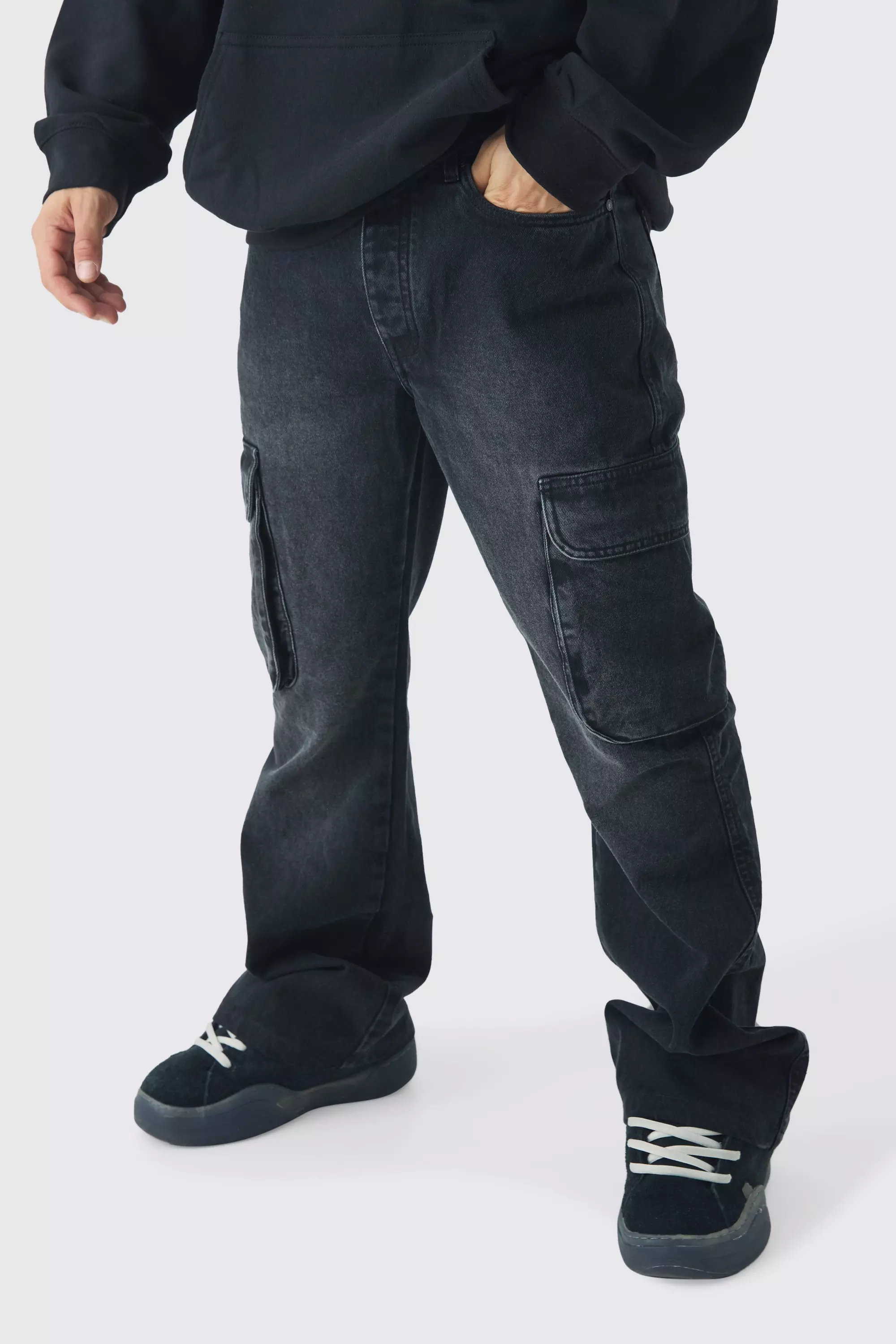 Relaxed Rigid Flare Cargo Denim Jeans Washed black