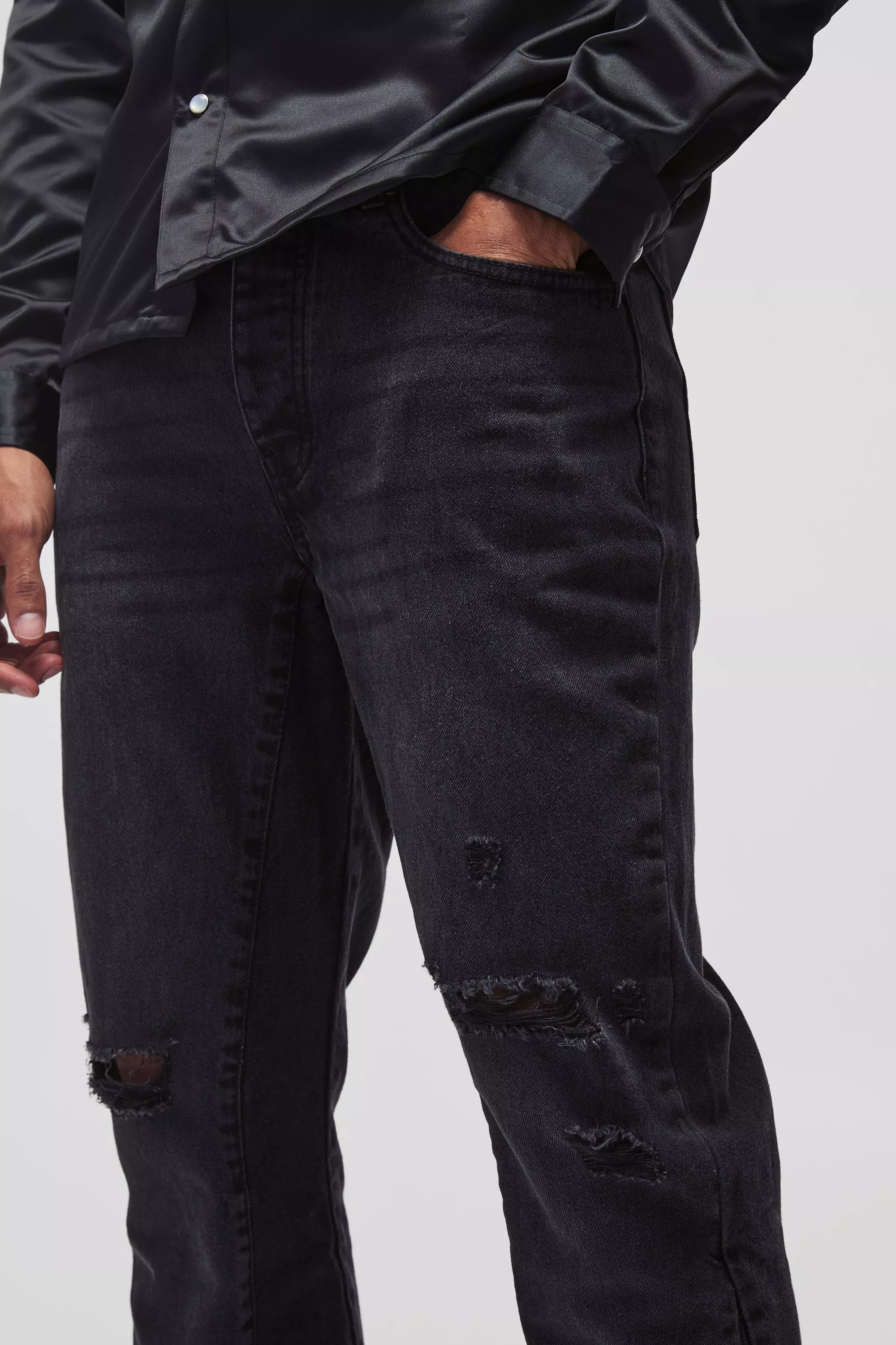 Zerrissene Slim-Fit Schlagjeans mit Acid-Waschung, Washed black alternatives Bild