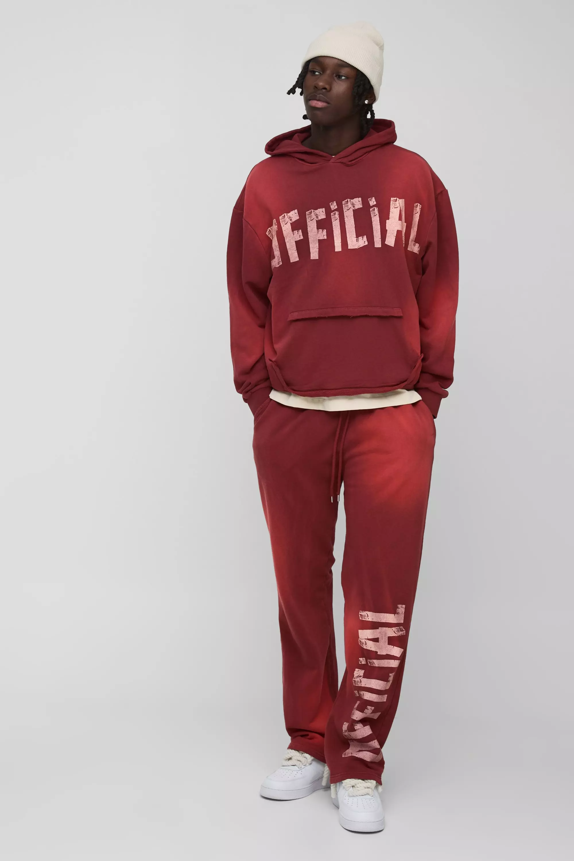 Oversized Boxy Official Washed Distressed Pocket Tracksuit Burgundy